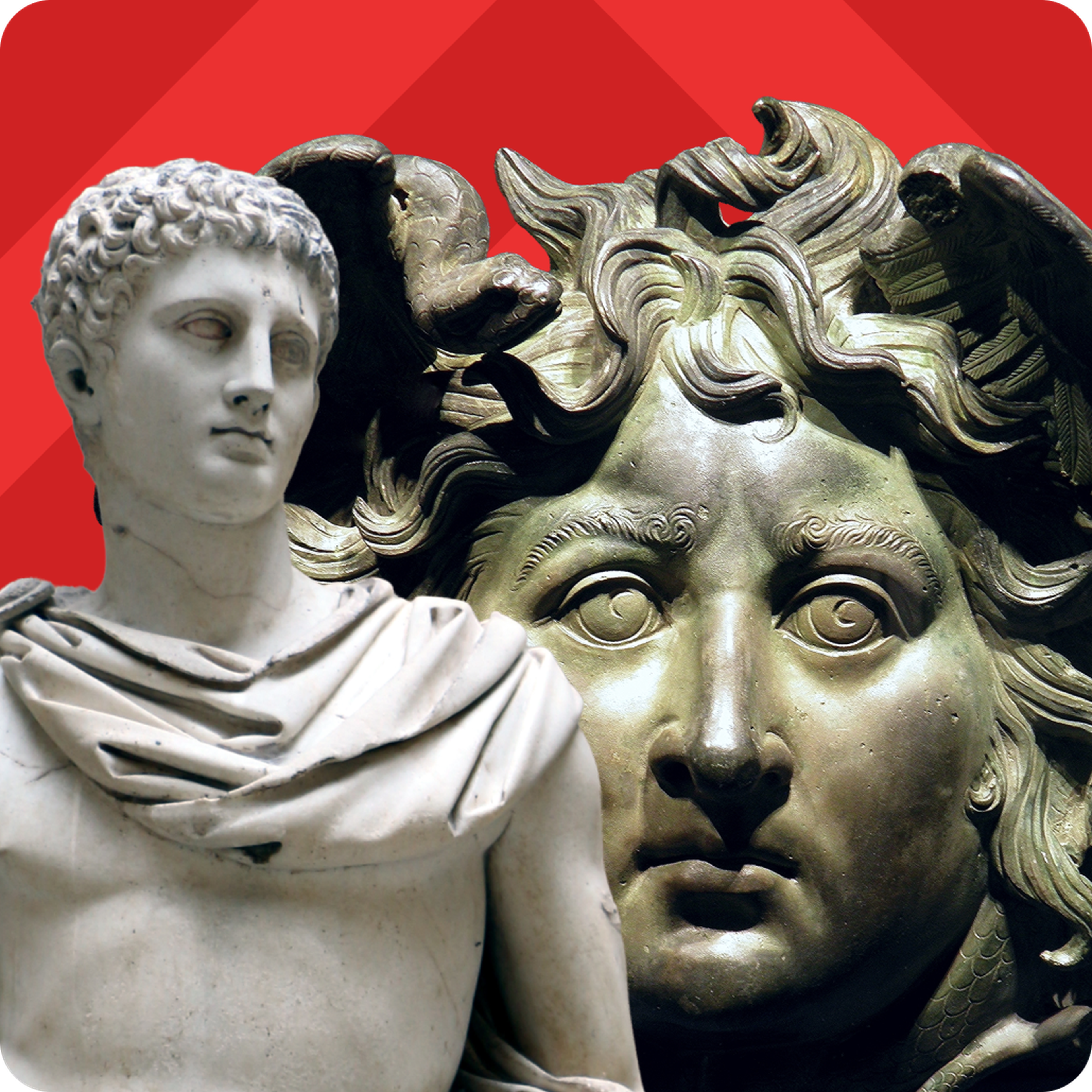 Nibble cover art showing a white marble bust of a young Greek hero beside a bronze Medusa head with snake-like hair and wide staring eyes, set against a red geometric background