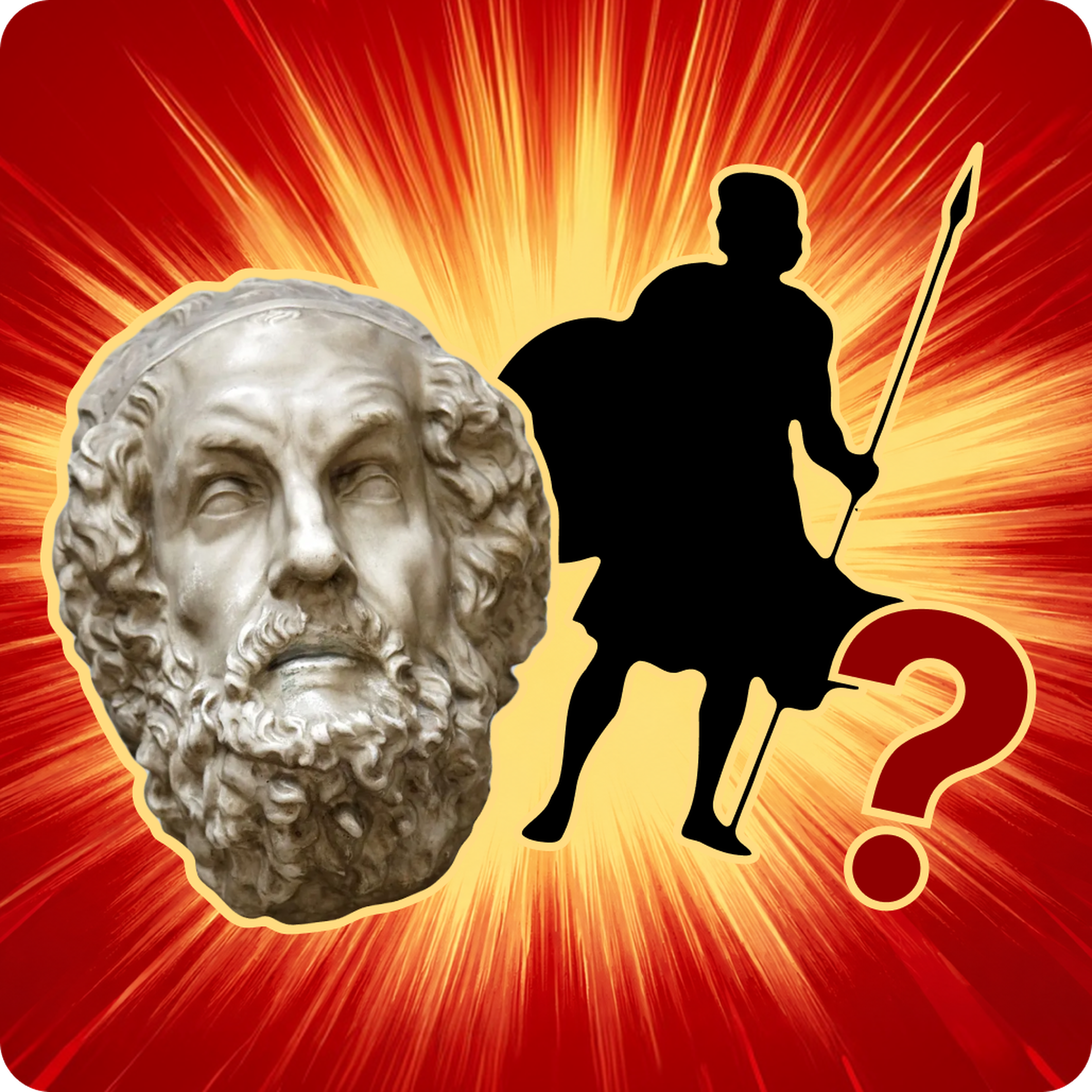 Marble bust of the Greek poet Homer beside a black silhouette of a spear-carrying warrior and a red question mark, set against a radiant red and yellow burst background for a Nibble history quiz