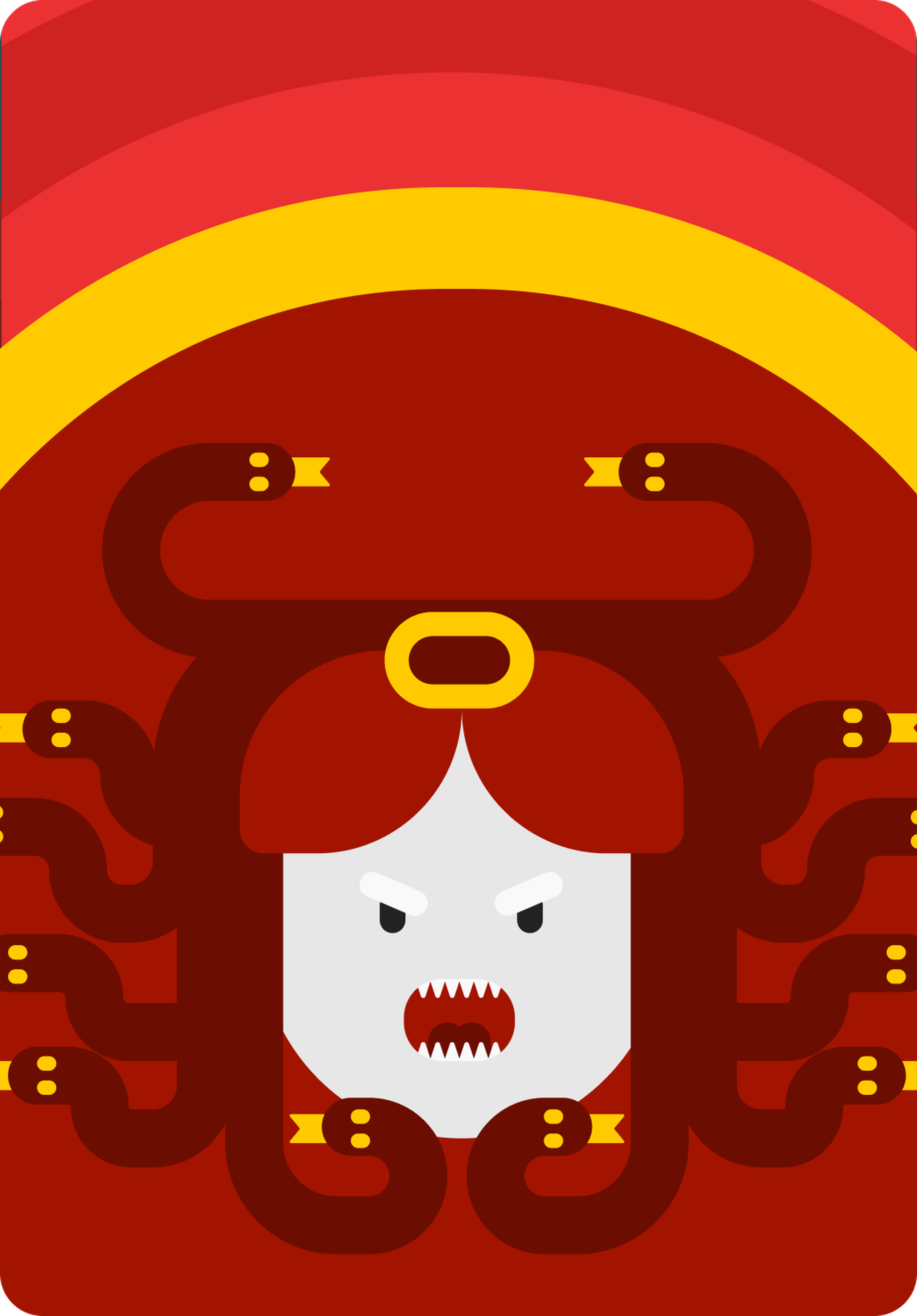 Flat illustration of a Medusa-like Nibble character with a pale angry face, sharp fangs and dark red snake hair tipped with yellow accents, set against a red background with a yellow arc