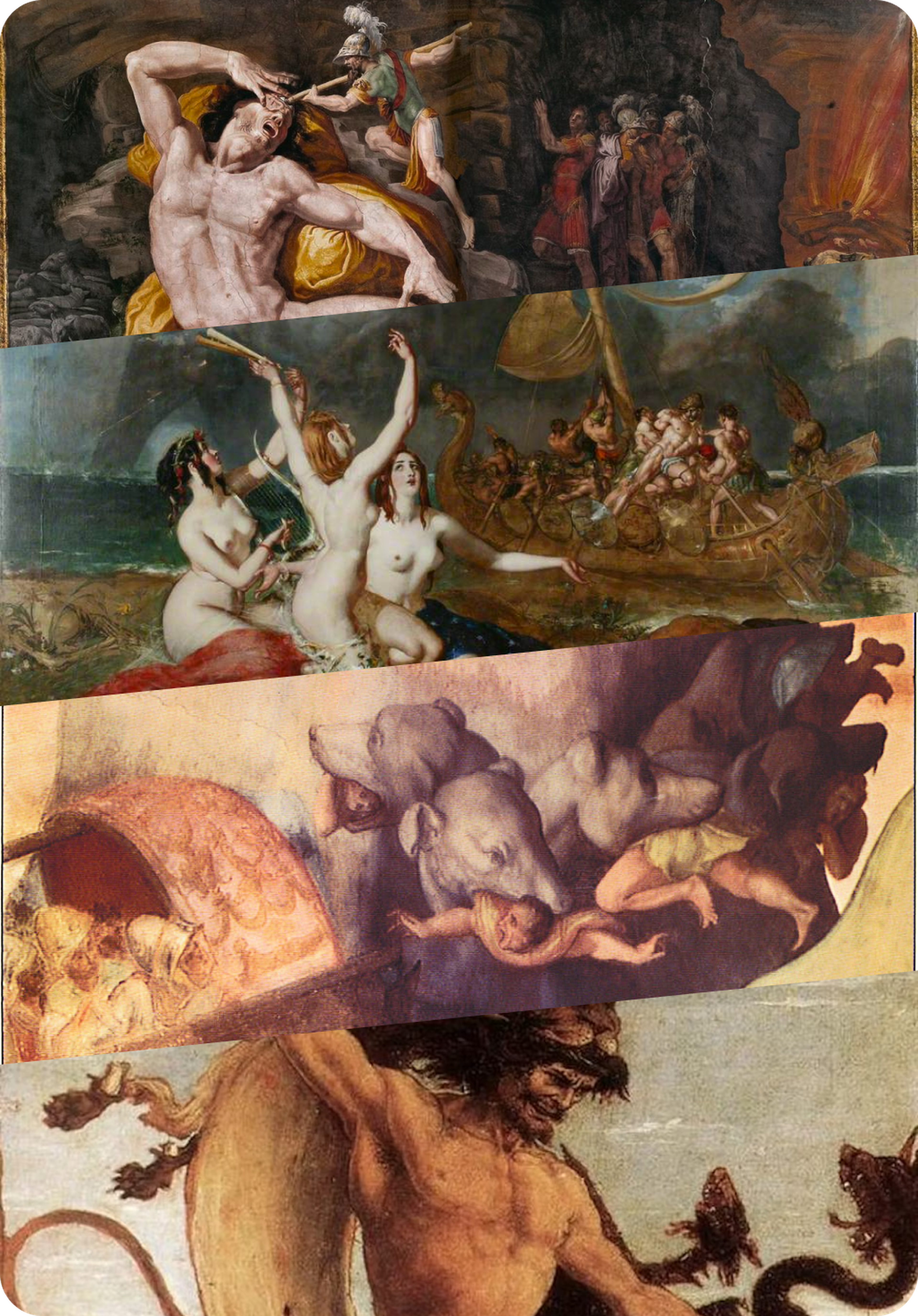 Collage of classical paintings illustrating scenes from Homer's Odyssey, with Odysseus blinding the cyclops Polyphemus, sirens luring his rowing crew, Circe's men transformed into swine, and the sea monster Scylla