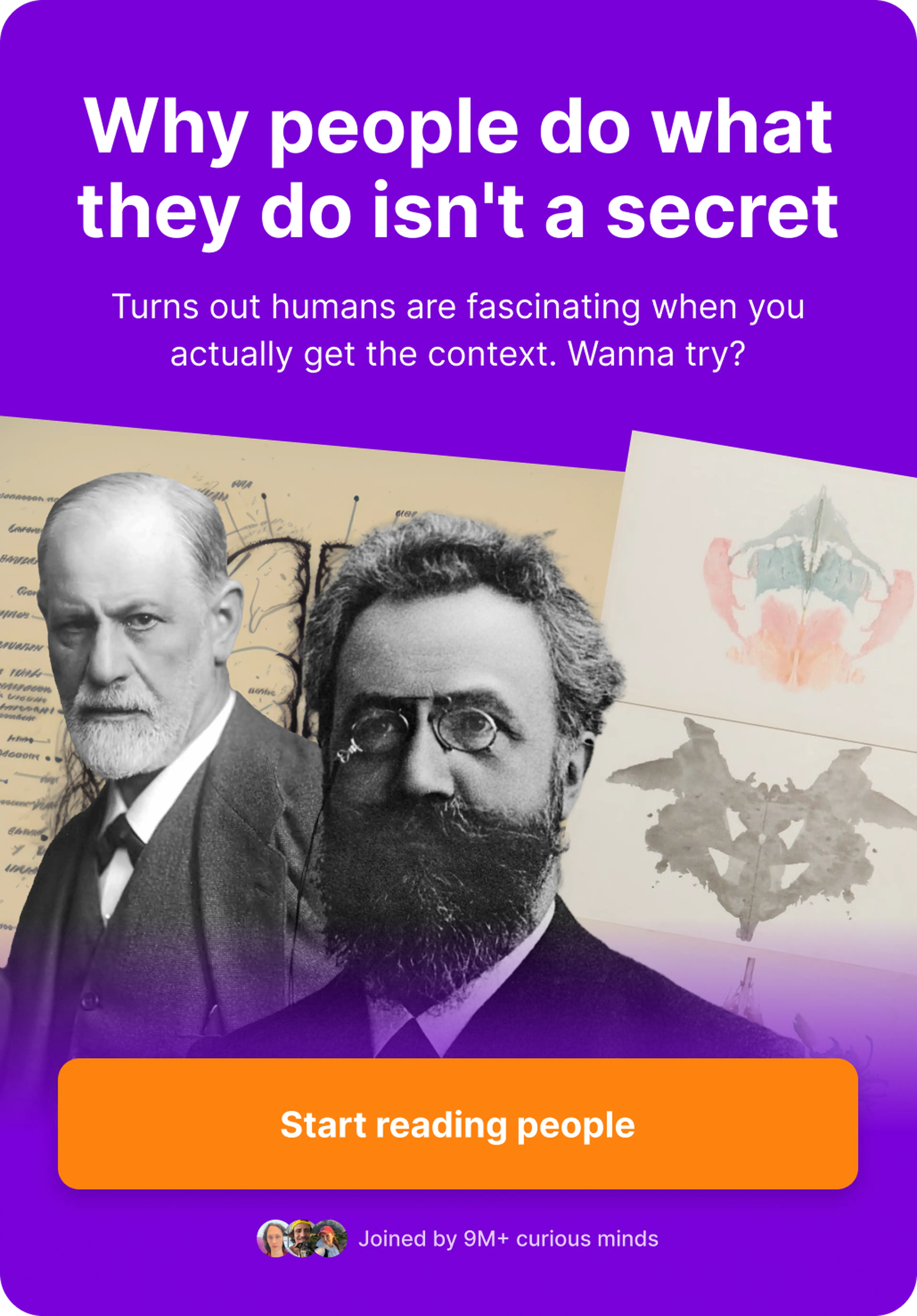 Nibble psychology app banner with Freud and Rorschach portraits overlaid on inkblot test cards and a brain anatomy chart against a purple background