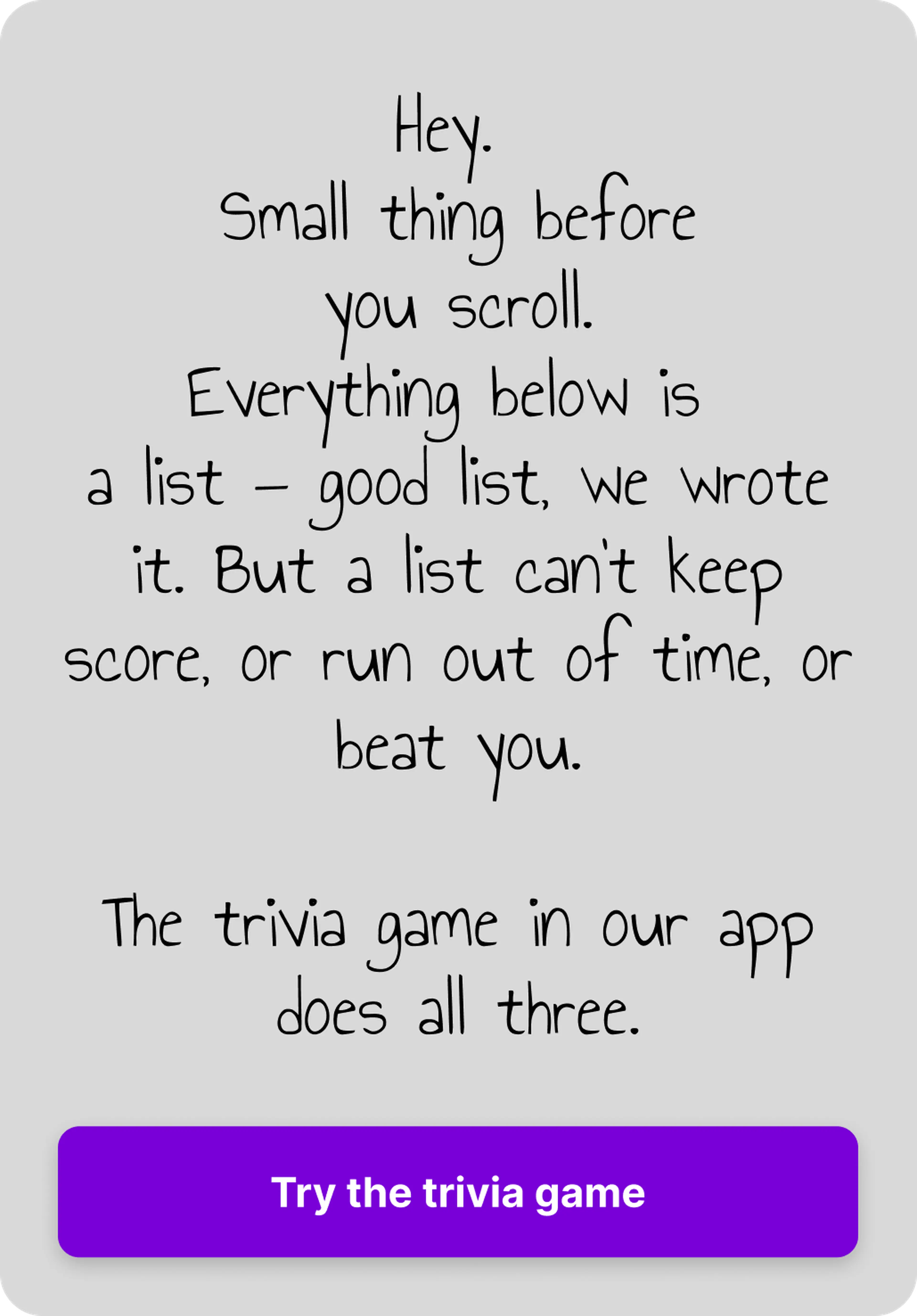 Handwritten note on a gray card inviting readers to try the Nibble Trivia game that keeps score, times rounds, and challenges players, with a purple Try the trivia game button