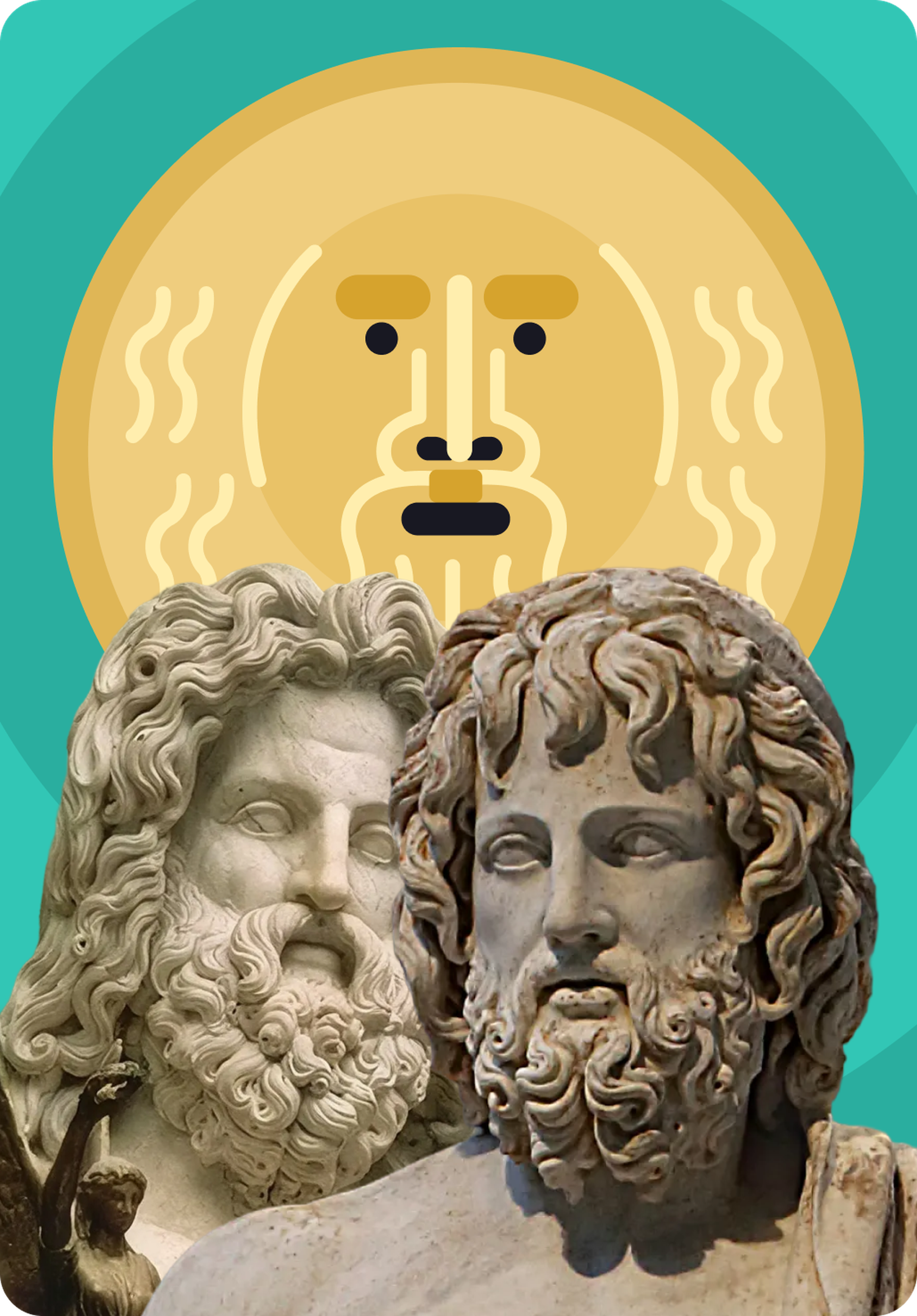 Two bearded marble busts of Greek gods, Zeus and Asclepius, set against a teal background with an illustrated golden sun face and wavy rays, representing Nibble's mythology learning content