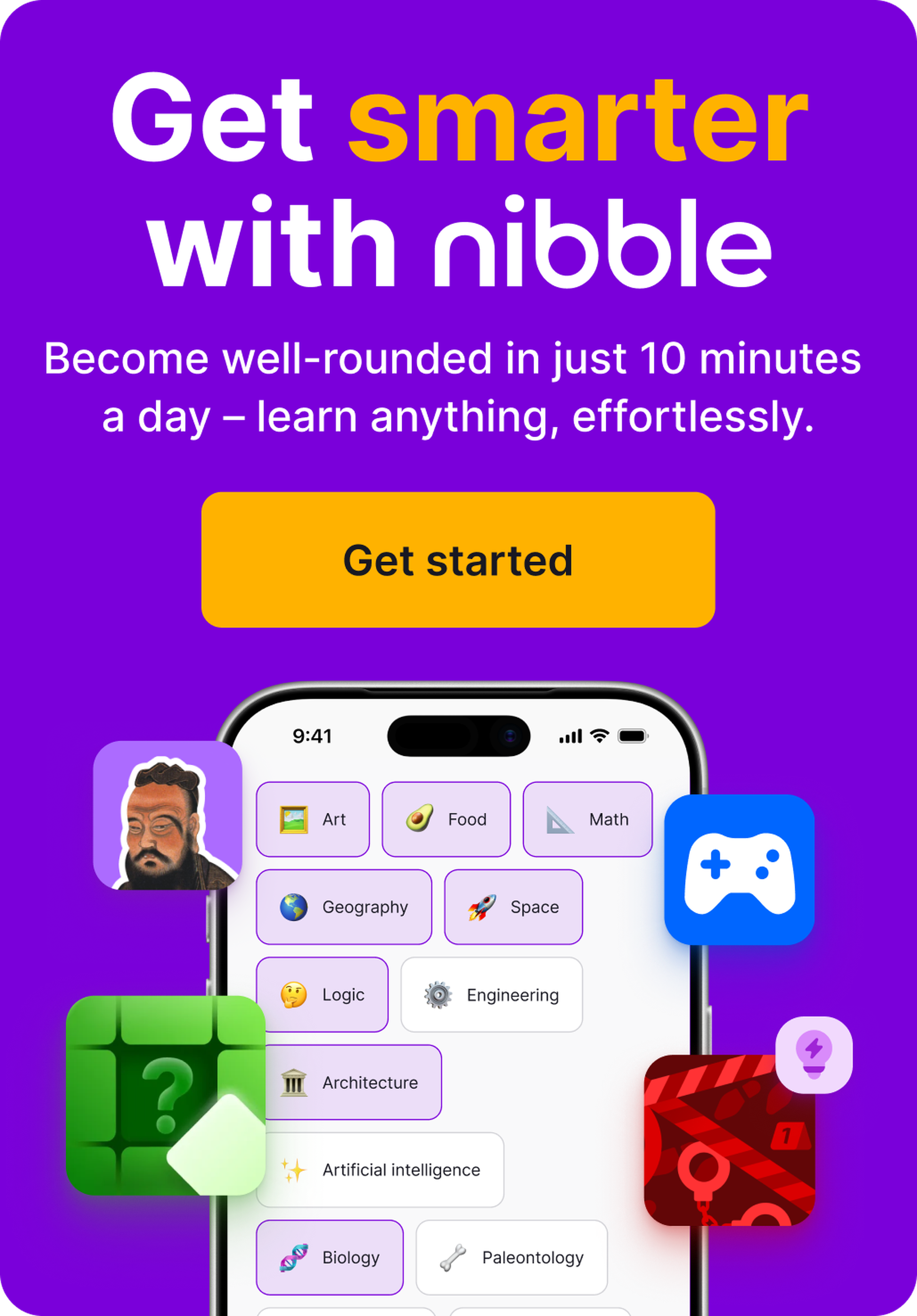 Purple Nibble app promo banner with a smartphone showing the Continue learning feed of art and science lessons, surrounded by icons of Confucius, a game controller and a quiz block