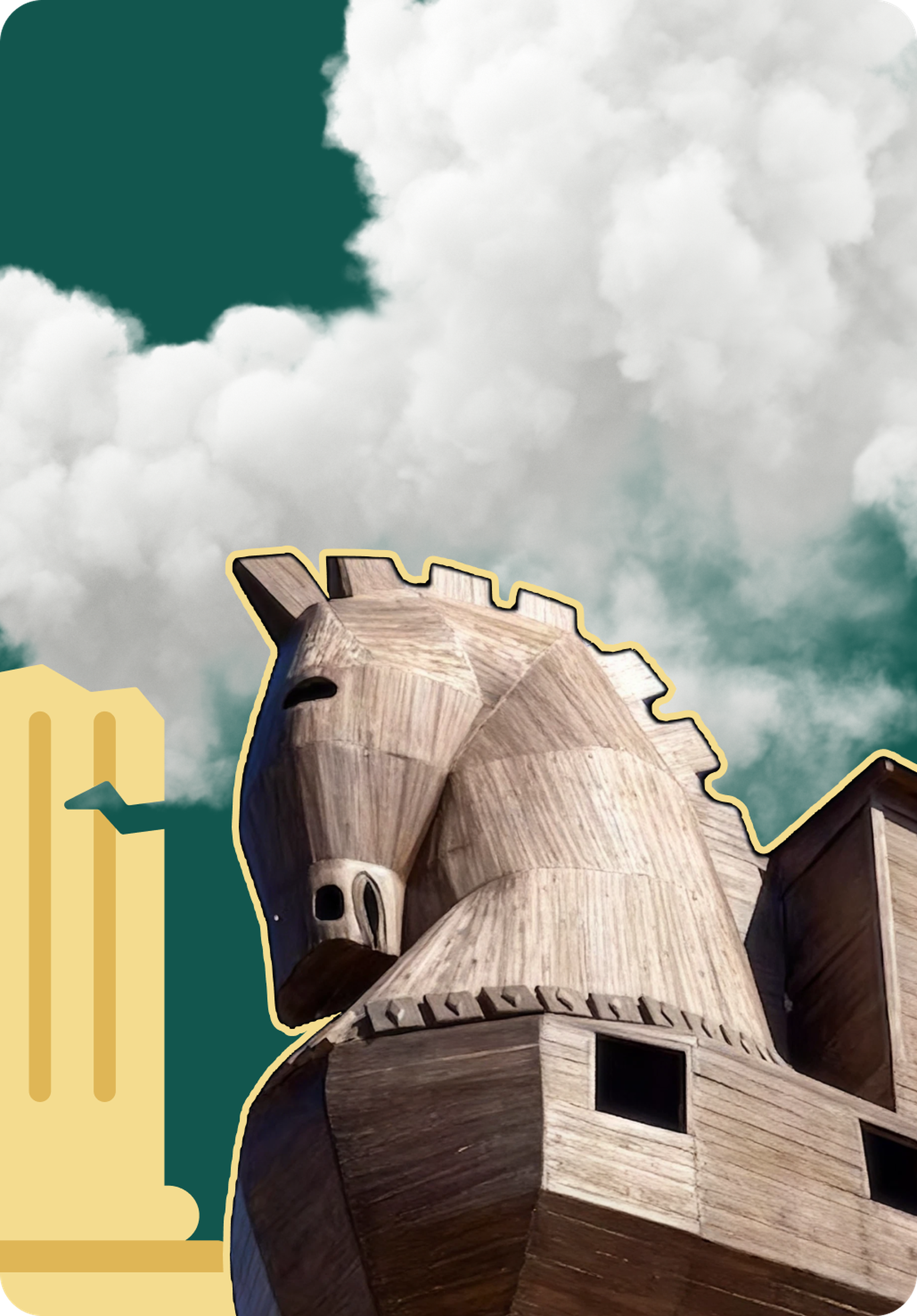 Wooden Trojan horse statue illustration on a dark red background with golden storm clouds, a yellow lightning bolt and a classical column, used as artwork for the Nibble history series