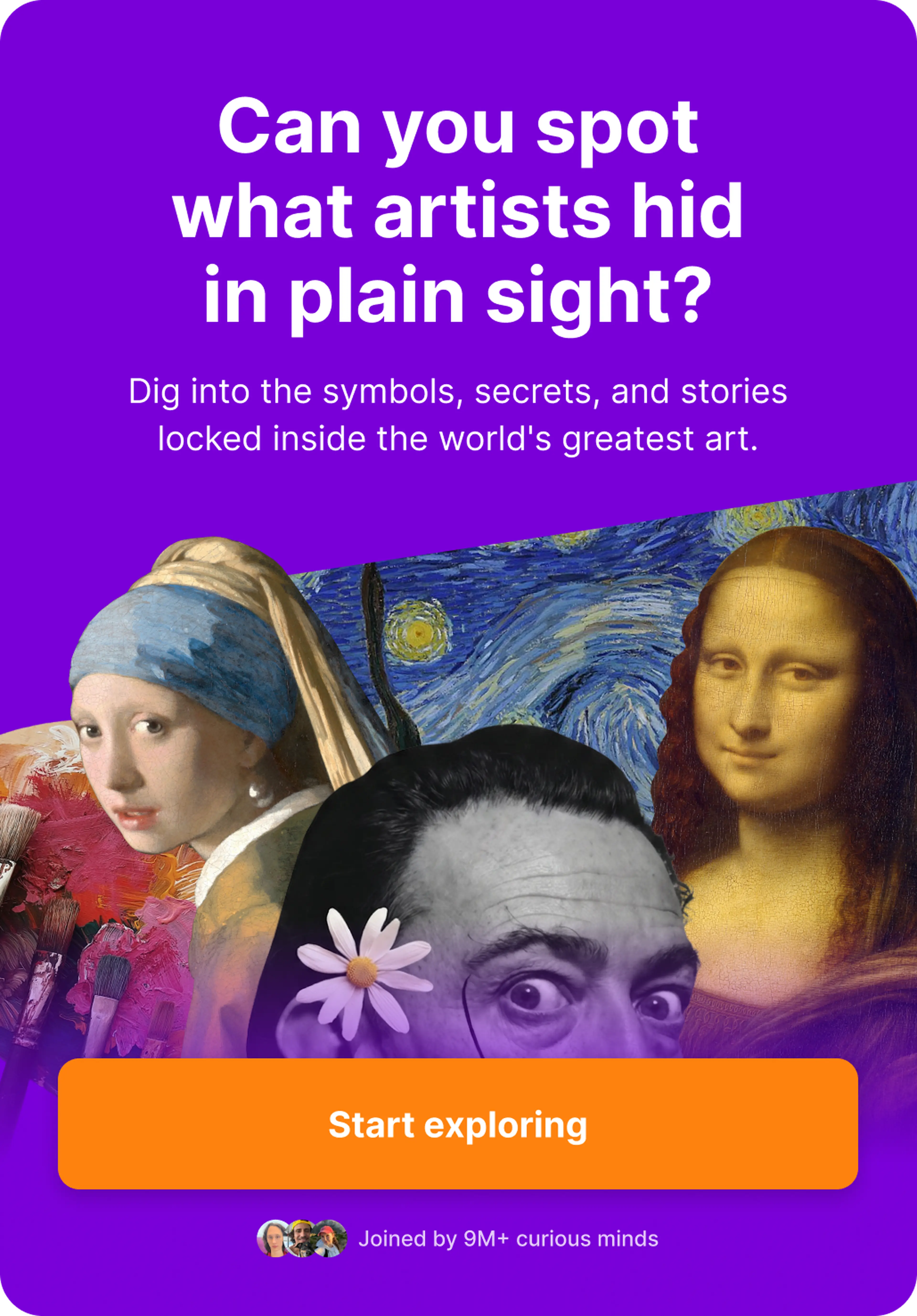 Nibble art history banner with Girl with a Pearl Earring, Mona Lisa, The Starry Night, a painter's palette and Salvador Dalí, inviting users to explore hidden symbols in famous artworks