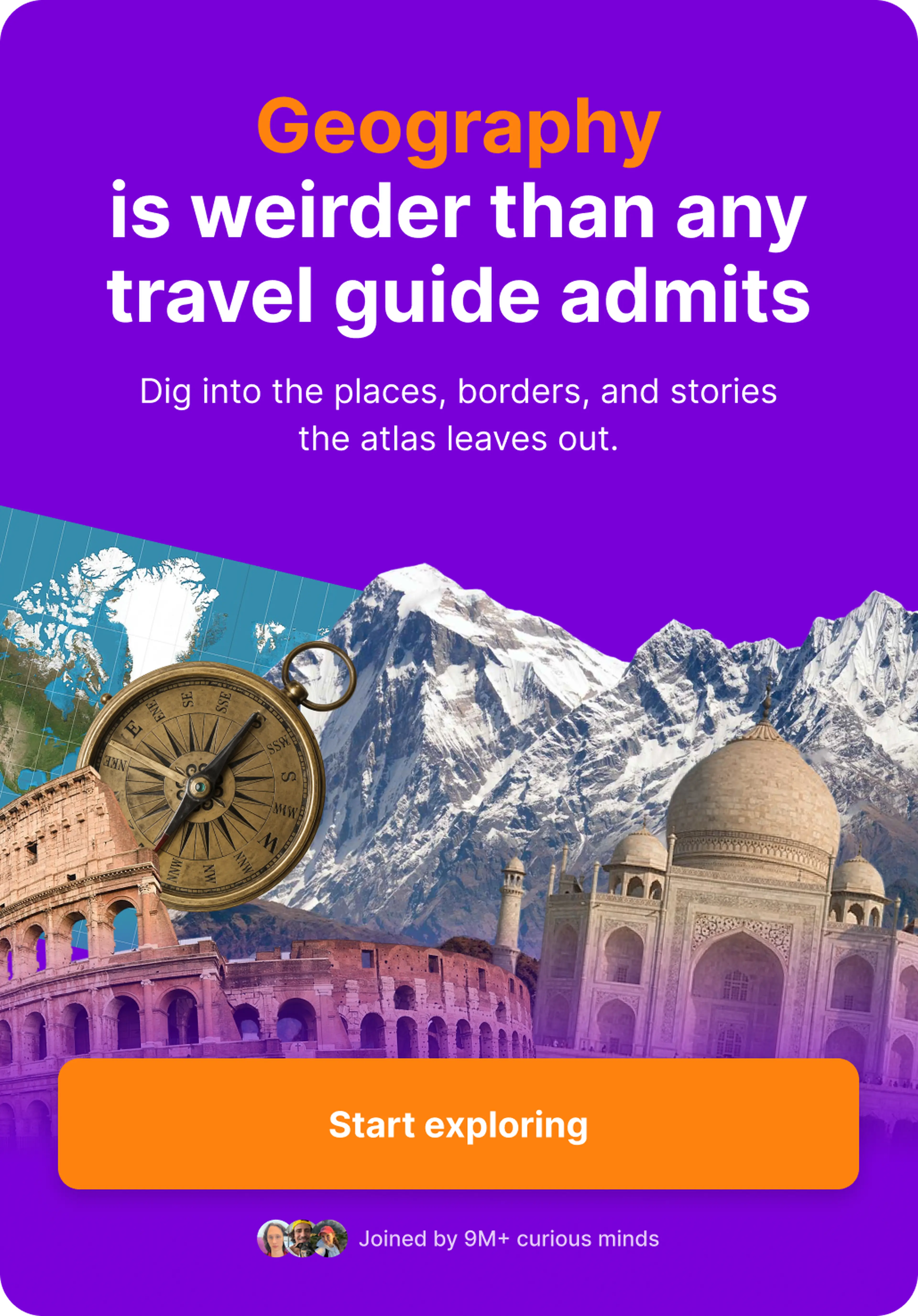 Mobile geography educational app banner on purple background with the Colosseum, Taj Mahal, mountain range, brass compass, and world map collage