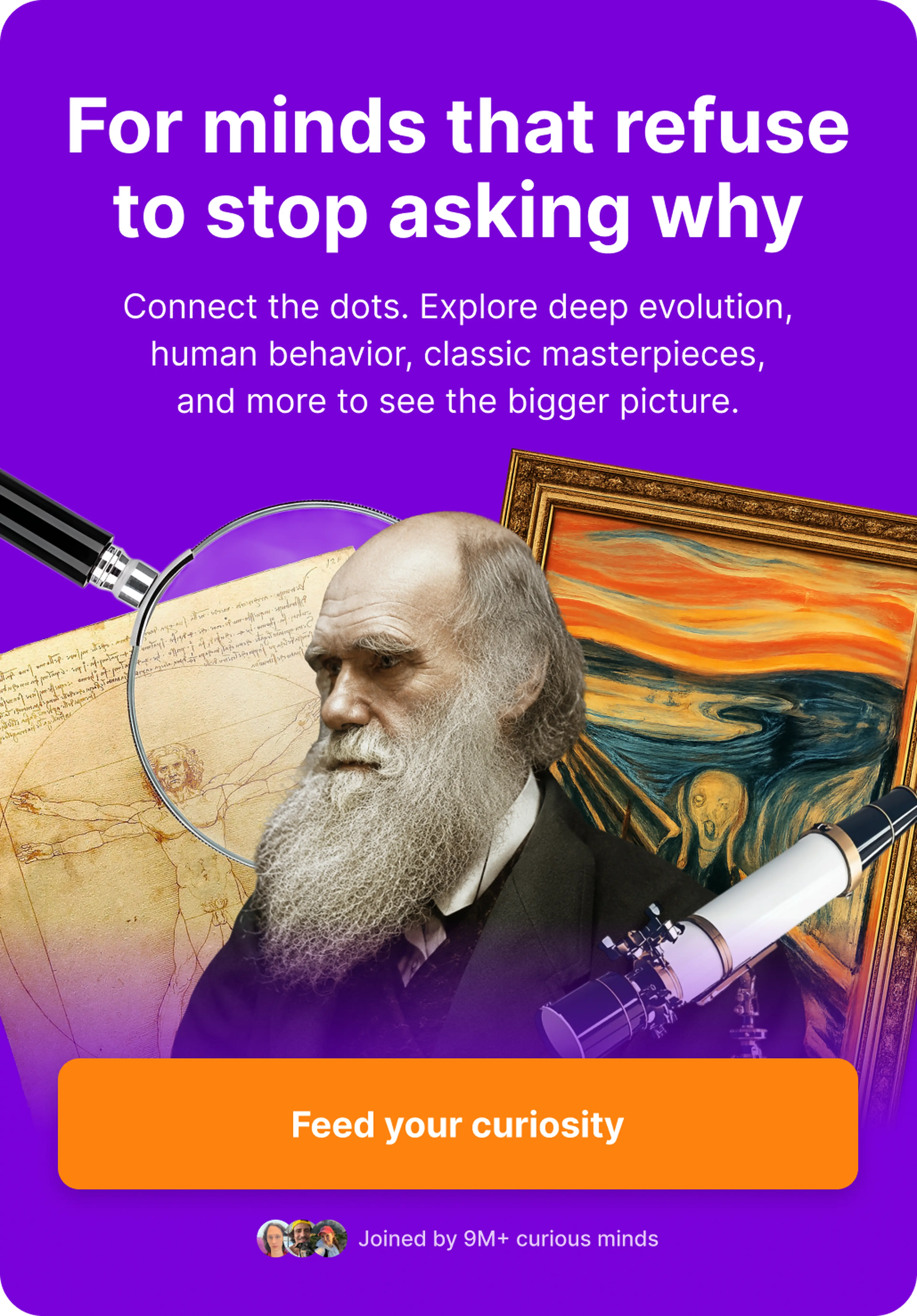 Is Nibble worth it — app banner with Darwin, a magnifying glass, telescope, da Vinci's Vitruvian Man, and Munch's The Scream on a purple background
