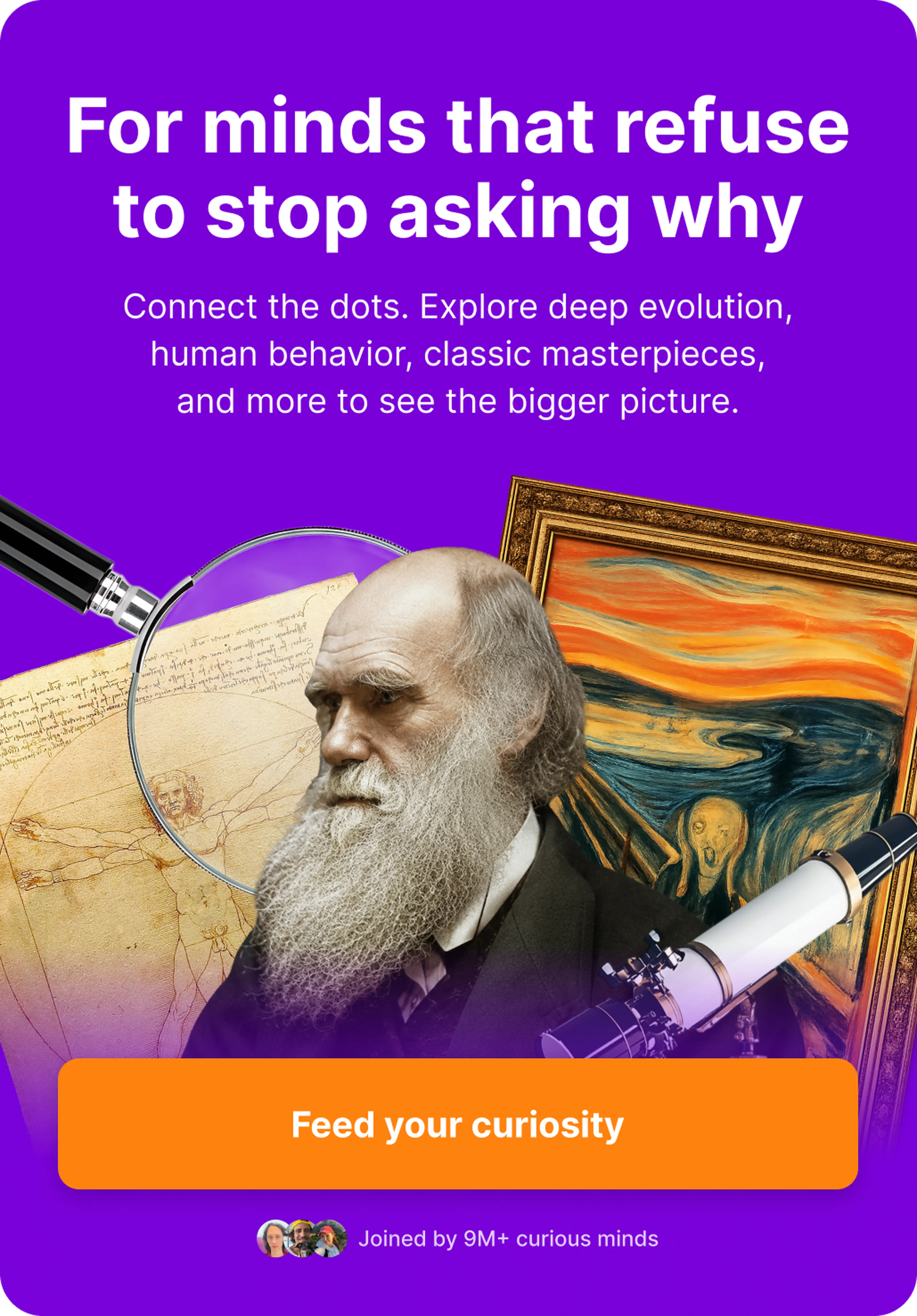 Charles Darwin with a long white beard beside a magnifying glass, telescope, old manuscript, and Edvard Munch's The Scream on a purple Nibble banner promoting curiosity