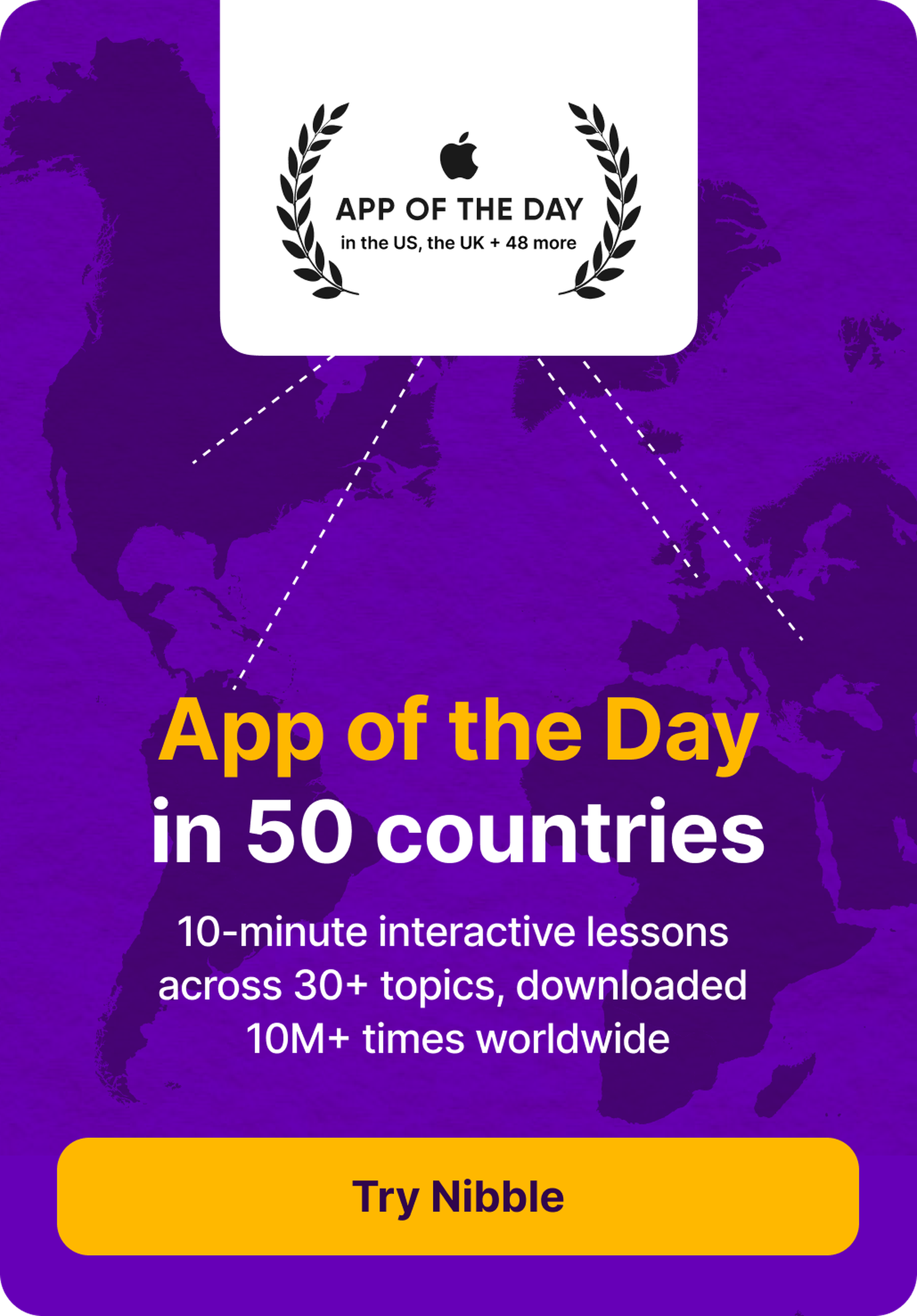 Purple world map banner with Apple App of the Day laurel badge promoting Nibble, offering 10-minute interactive lessons across 30+ topics in 50 countries, with a yellow Try Nibble button