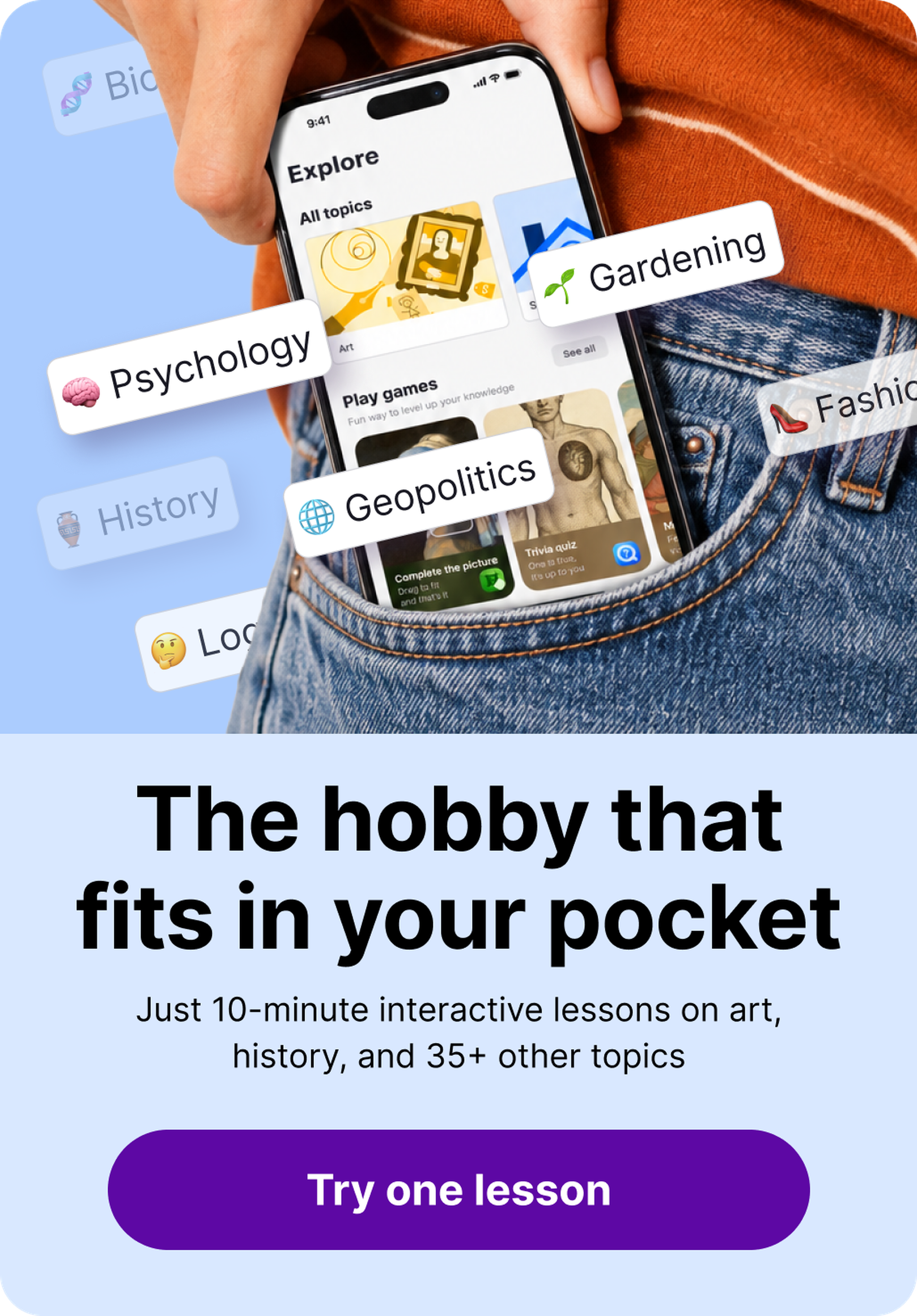Hand slipping a smartphone showing the Nibble app's Explore screen into a jeans pocket, surrounded by floating topic tags like Psychology, Gardening and Geopolitics on a blue background