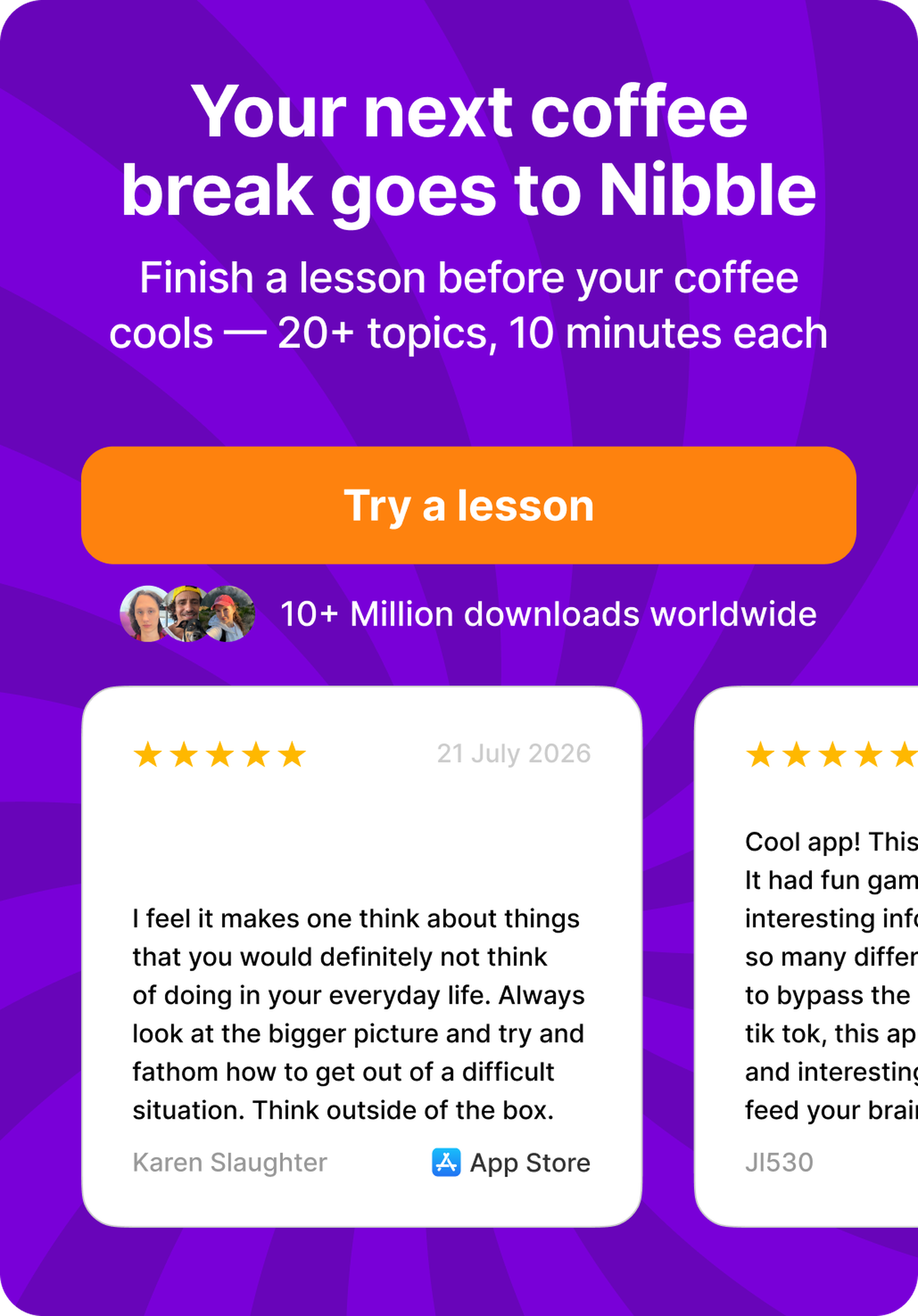 Nibble app promo banner on a purple sunburst background with an orange _Try a lesson_ button, user avatars noting 10+ million downloads and five-star App Store review cards about 10-minute lessons