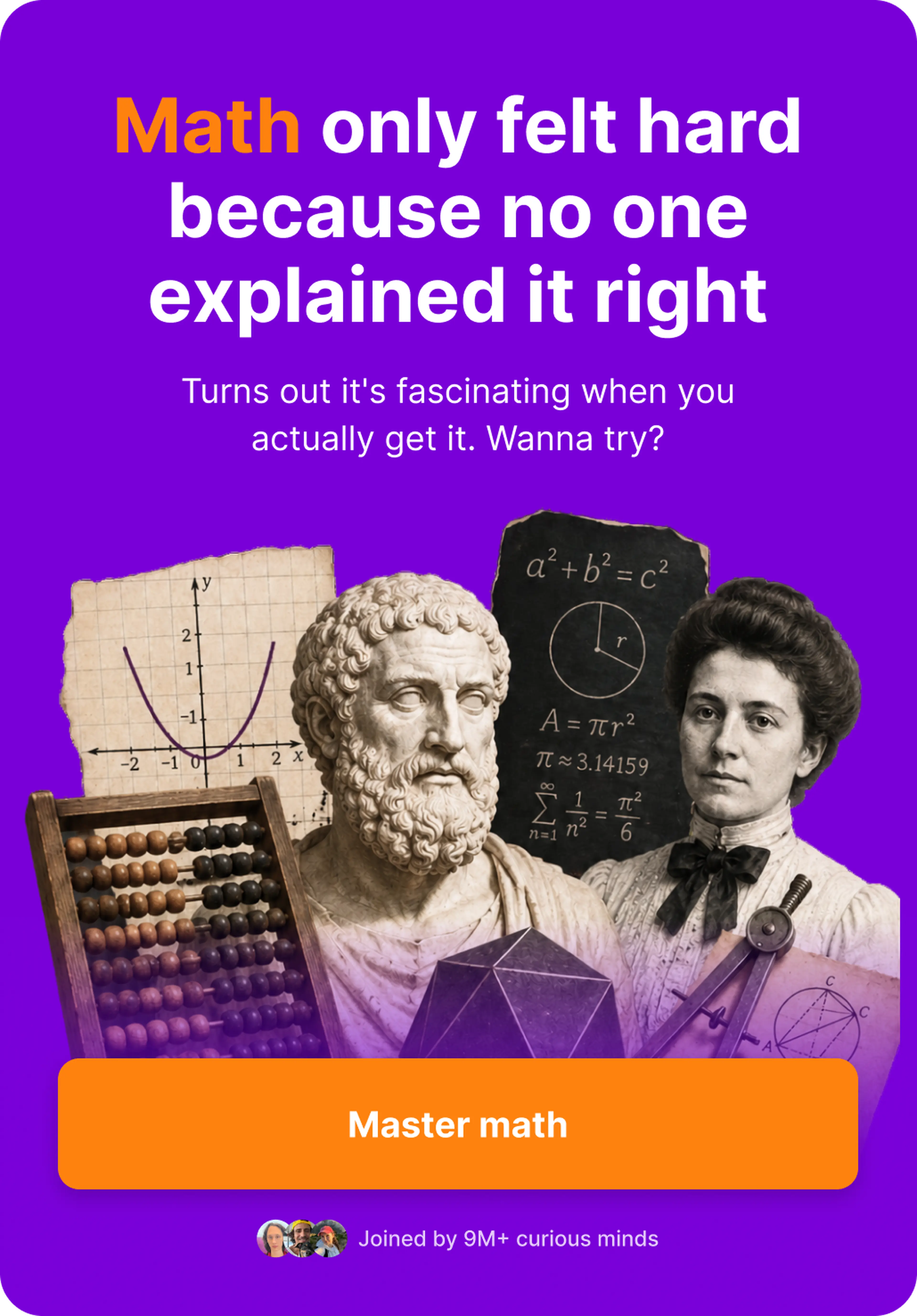 Mobile math learning app banner on purple background with a philosopher bust, Victorian woman mathematician, abacus, chalkboard with formulas, and a geometric polyhedron