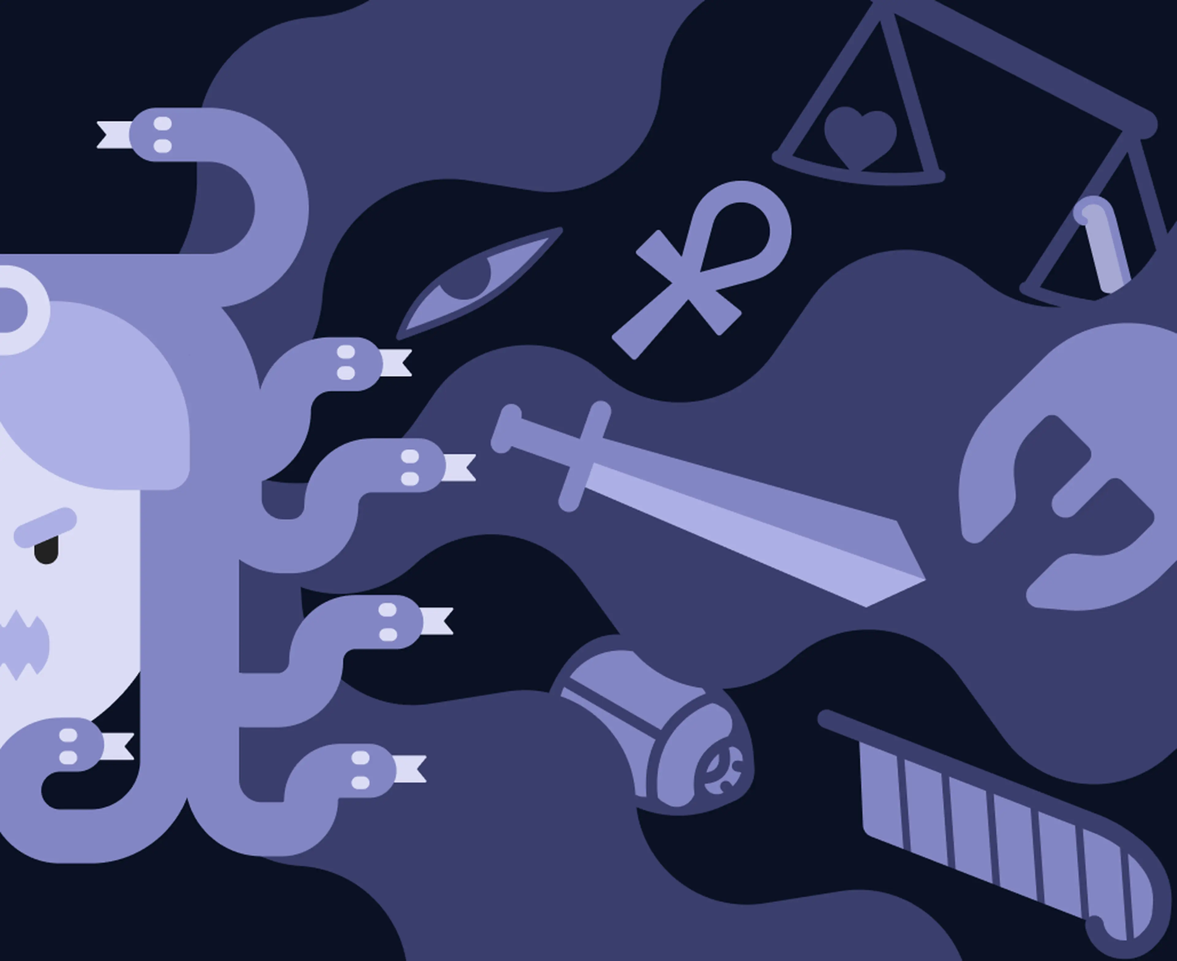 Purple-toned Greek mythology trivia illustration featuring a many-headed Hydra, a sword, scales of justice, an ankh, a mystical eye, and a listening ear against a dark background