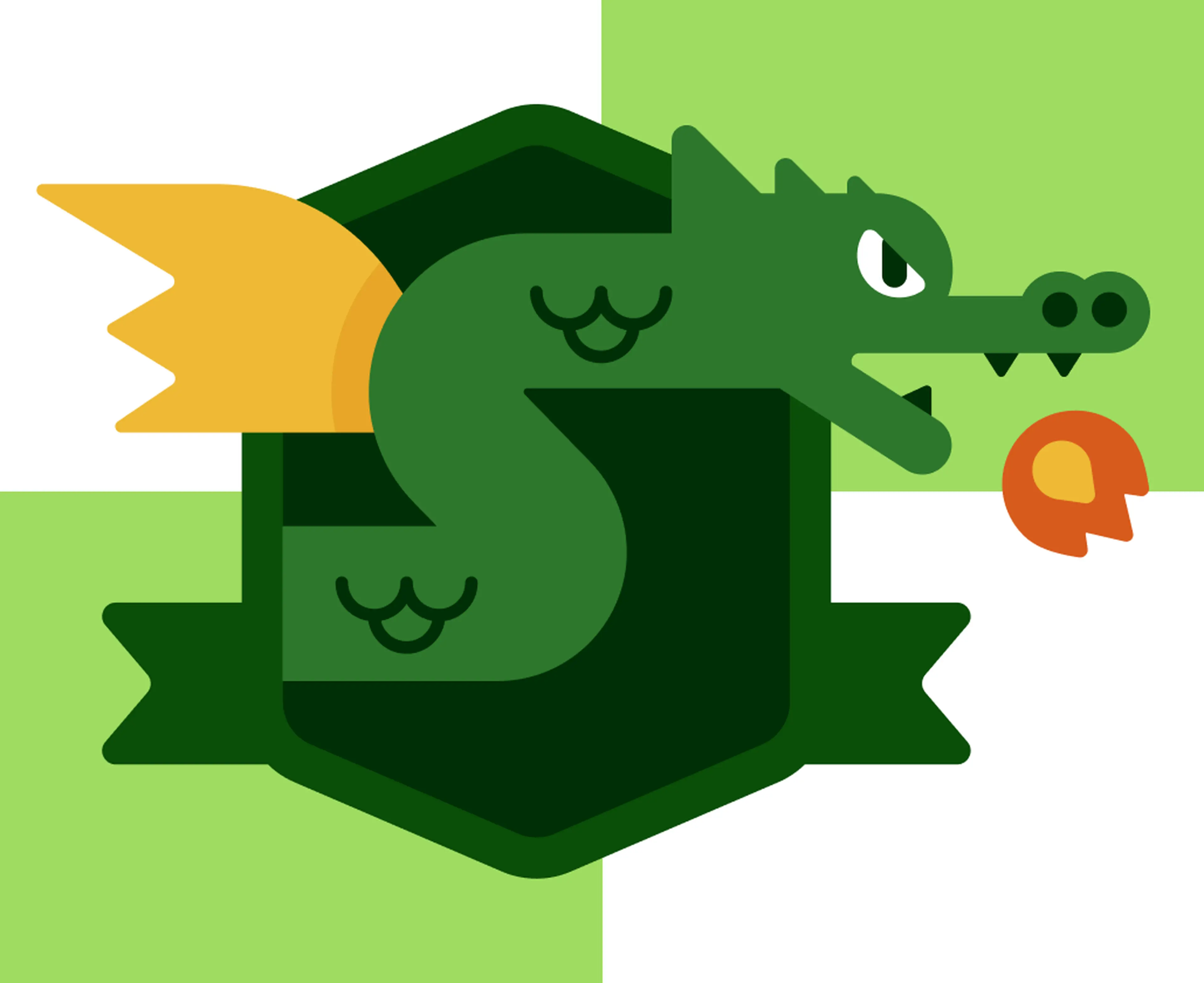 Green dragon mascot breathing an orange flame over a dark shield crest and banner, illustrated for Harry Potter trivia against a checkered green and white background