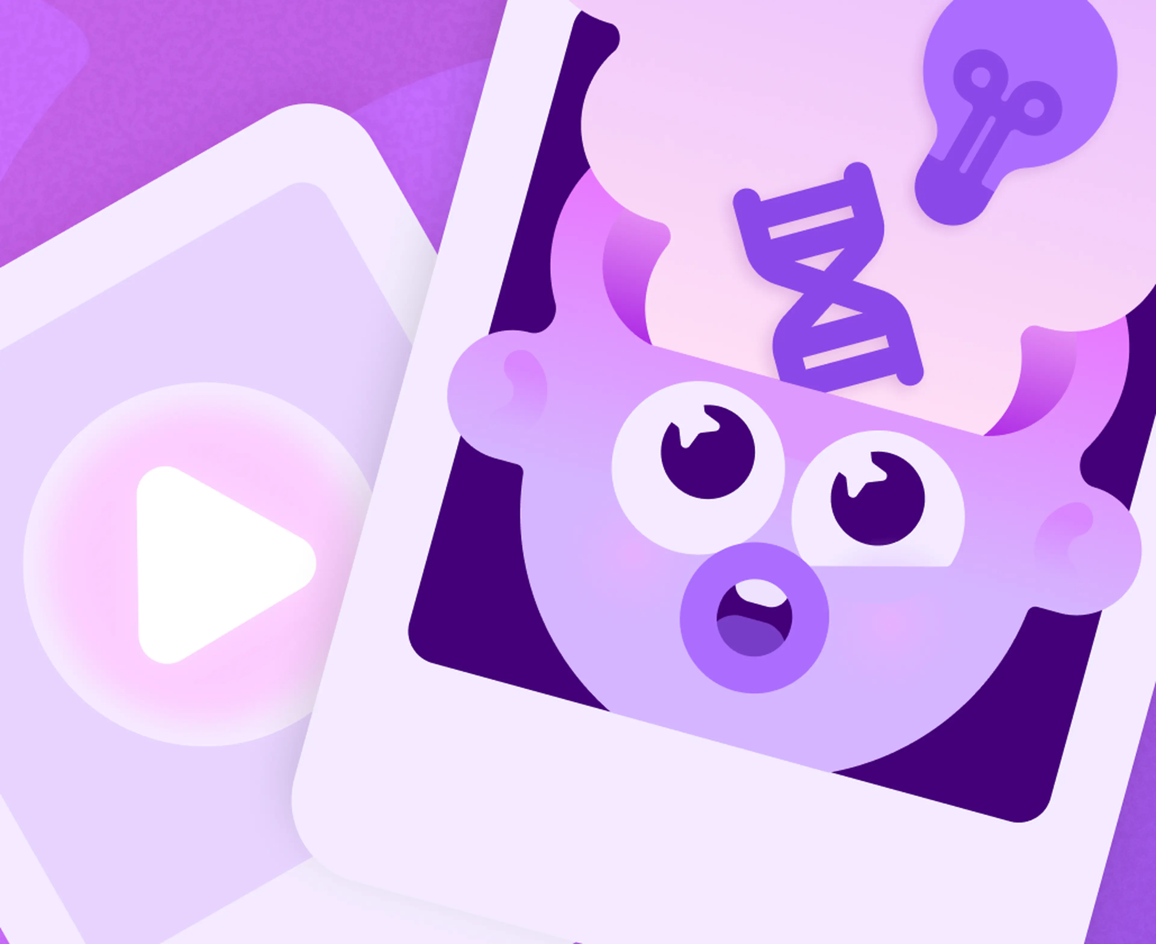 Purple illustration of curious Nibble character with big eyes surrounded by DNA strand and lightbulb icons, next to a white play button on a light card