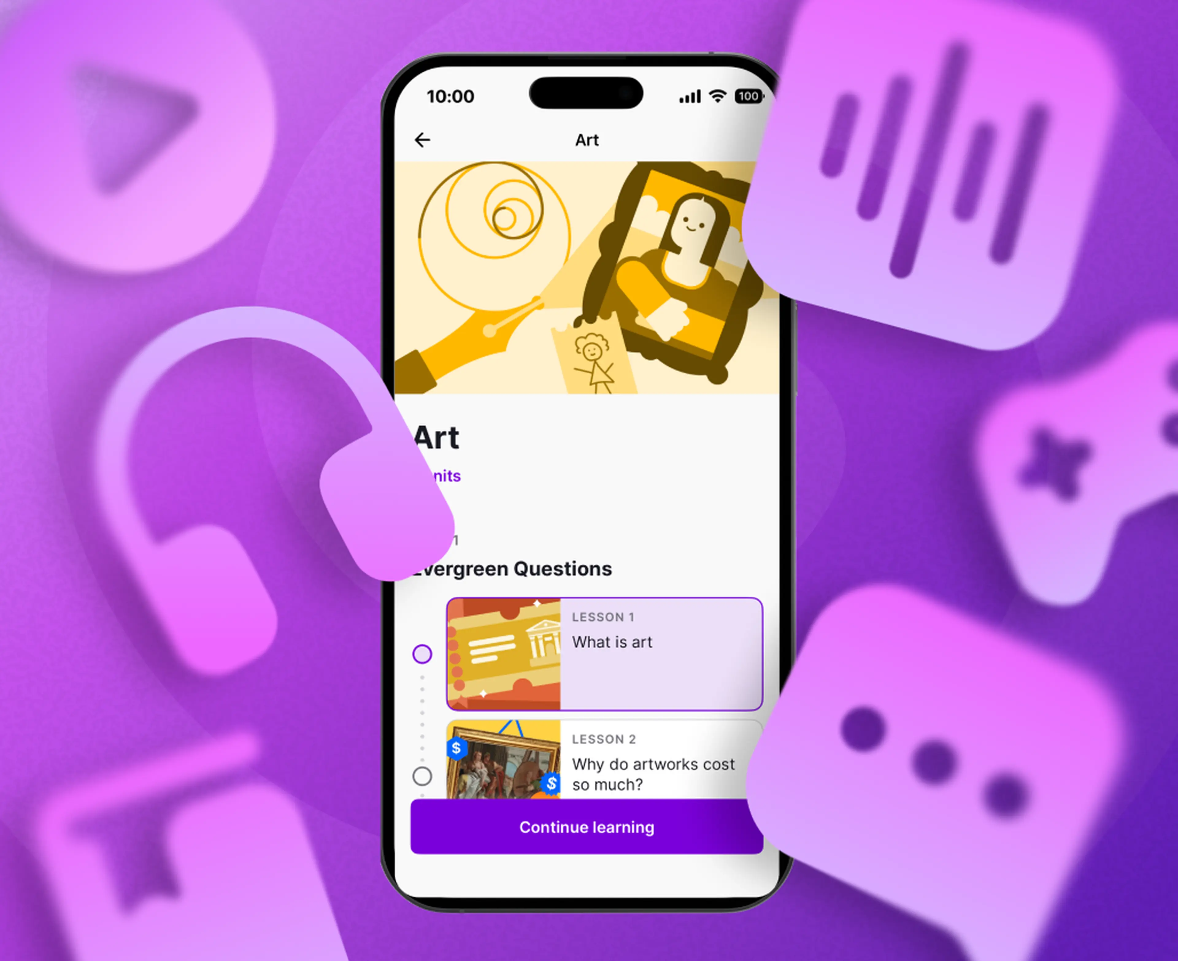Art topic Nibble microlearning  app screen surrounded with icons representing