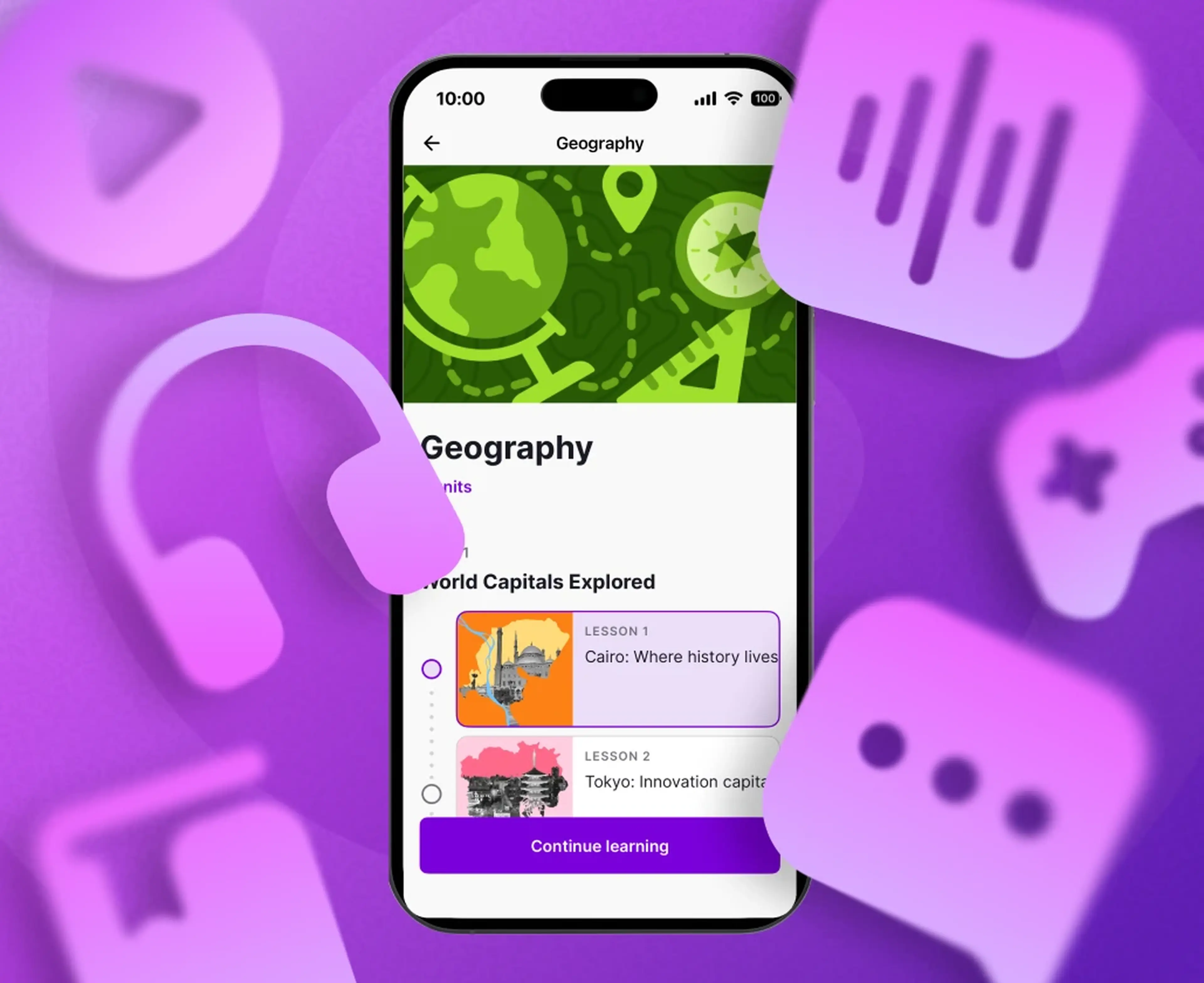 A nibble app screen with Geography lessons