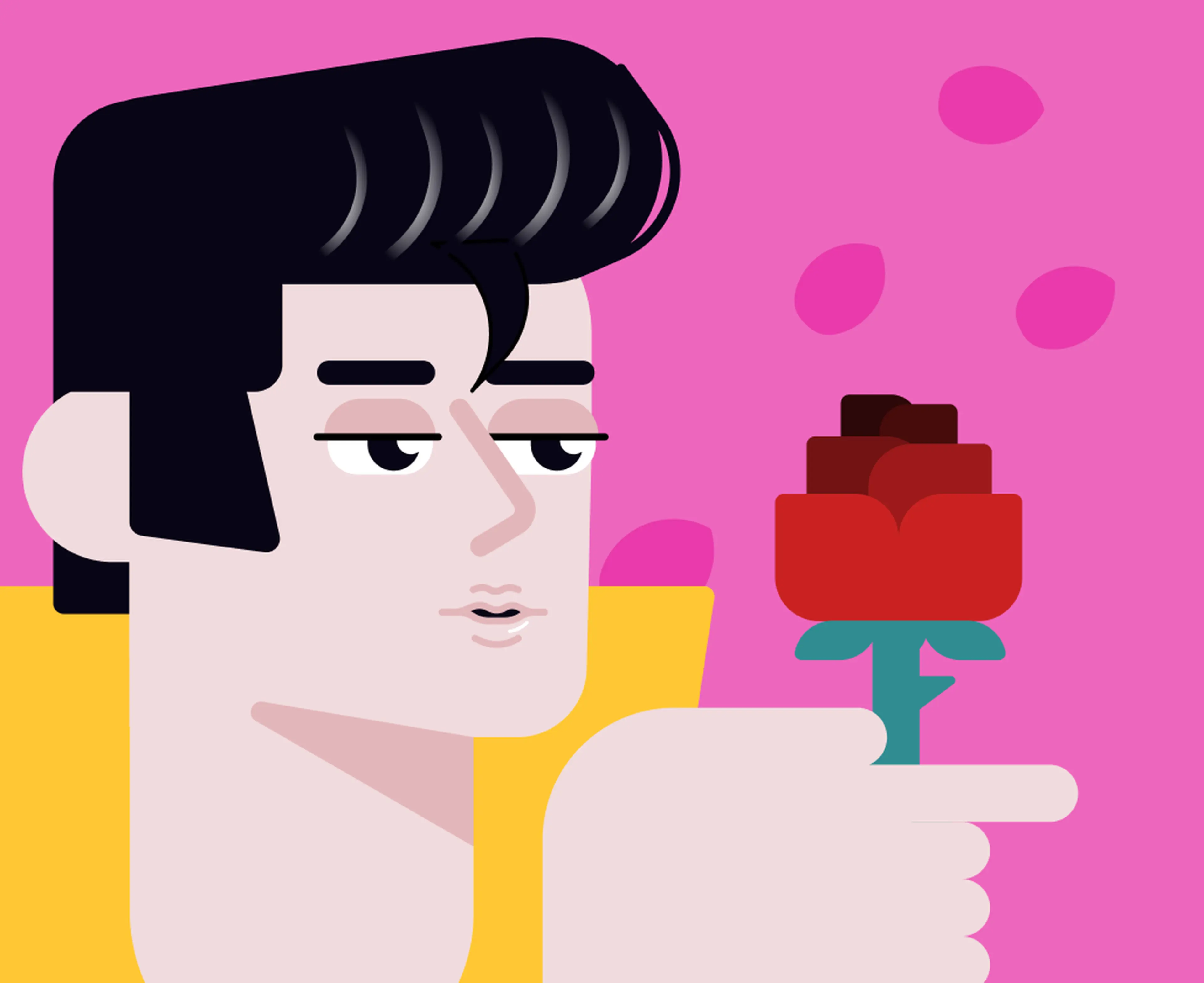 Illustration of a man with slicked-back dark hair holding a red rose against a bright pink background with floating petals, evoking romance and pop culture trivia themes