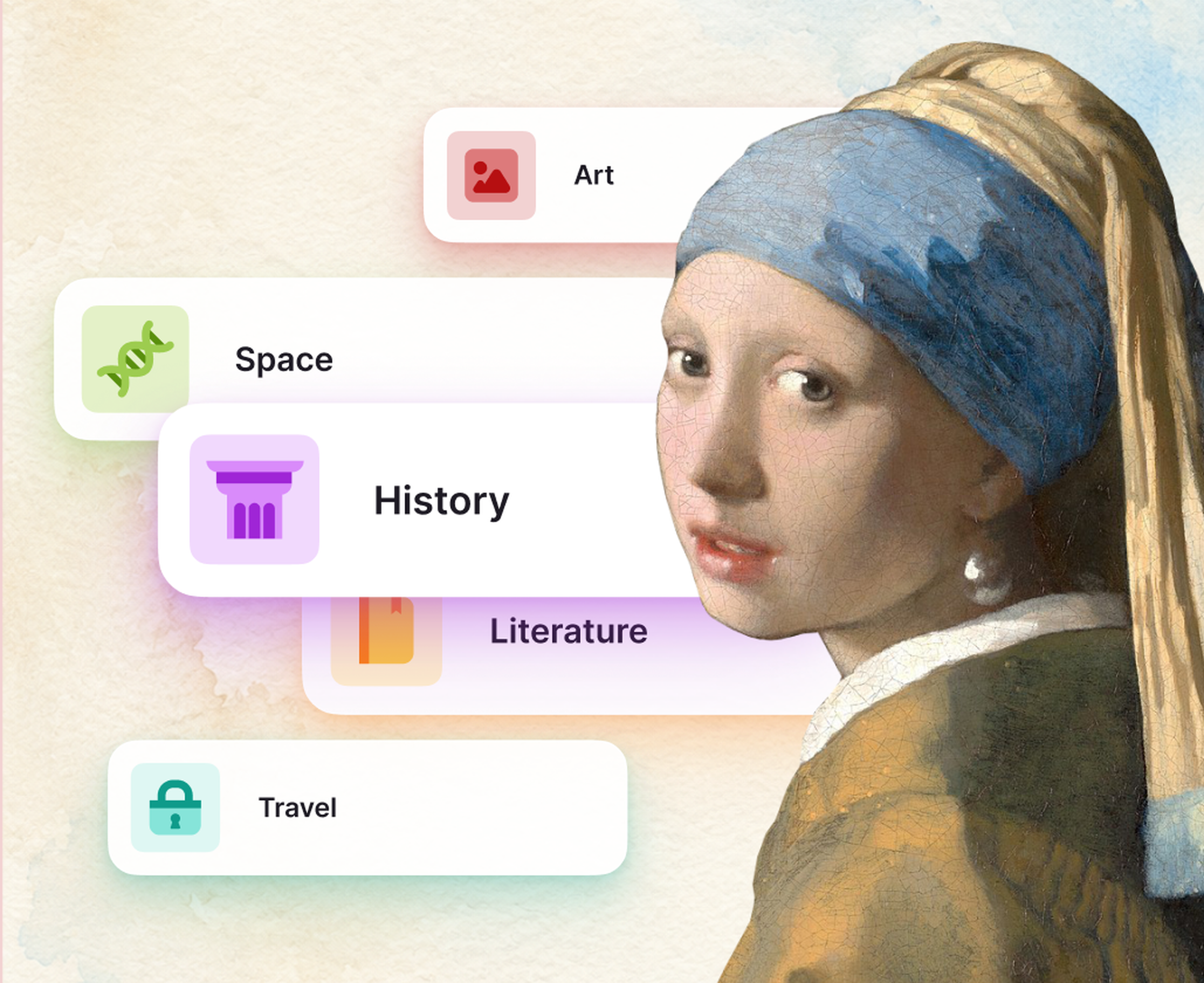Vermeer's Girl with a Pearl Earring beside Nibble's category cards for Hobbies, Biology, Philosophy, Literature and Travel with colorful icons on a soft watercolor background
