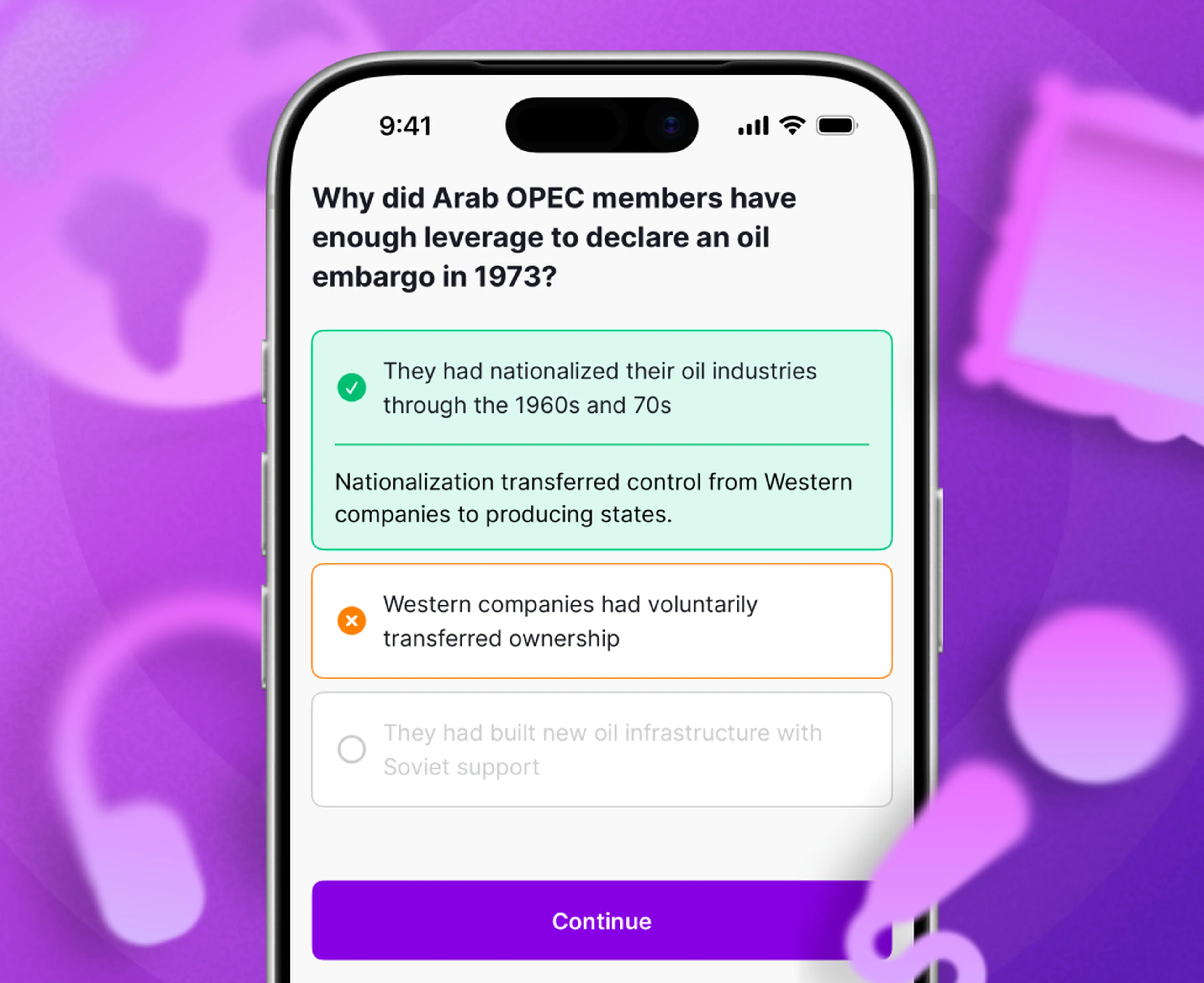 Smartphone displaying a Hard Questions trivia quiz about the 1973 Arab OPEC oil embargo, showing the correct answer highlighted in green against a purple background