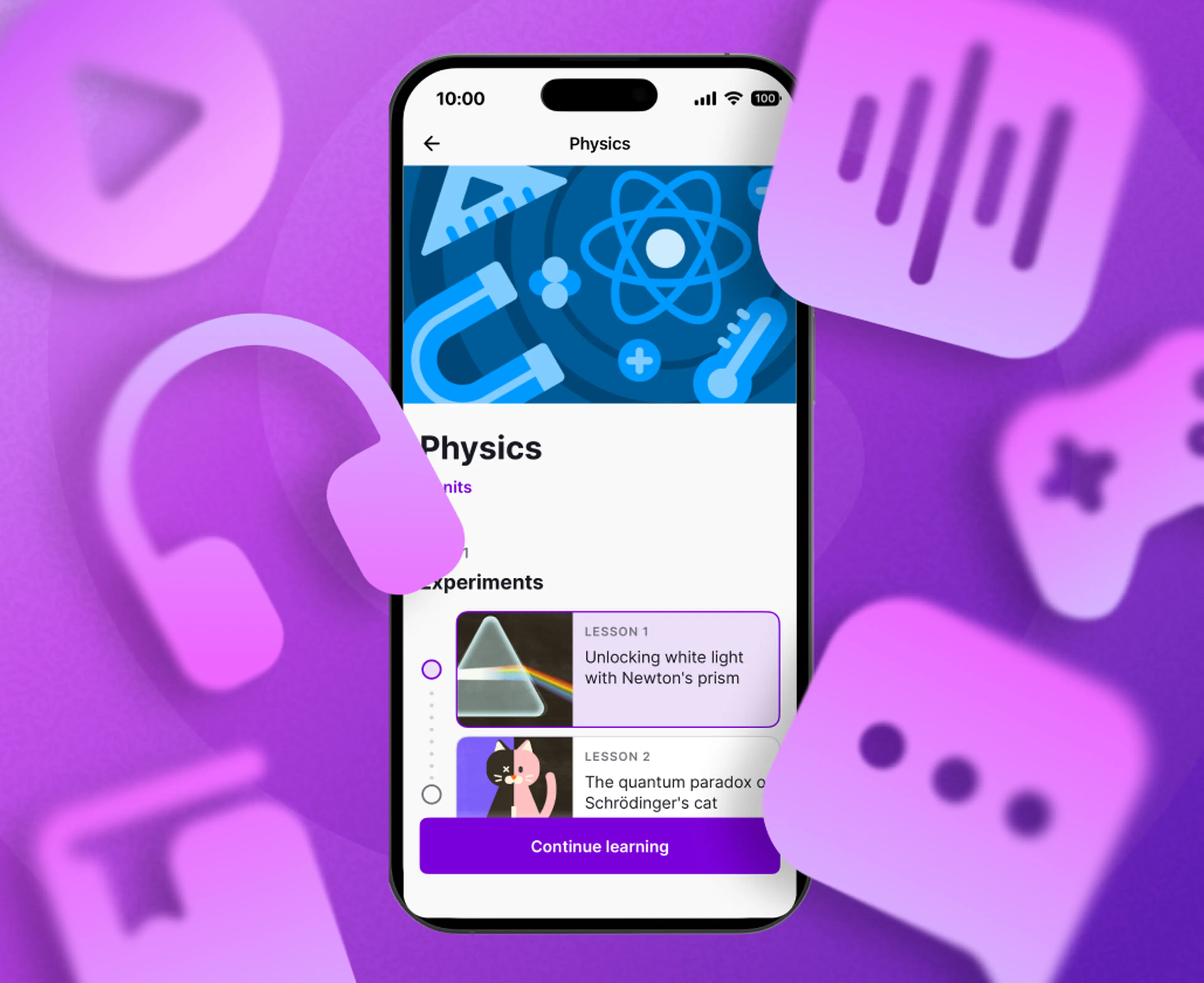 Physics topic Nibble microlearning  app screen surrounded with icons representing