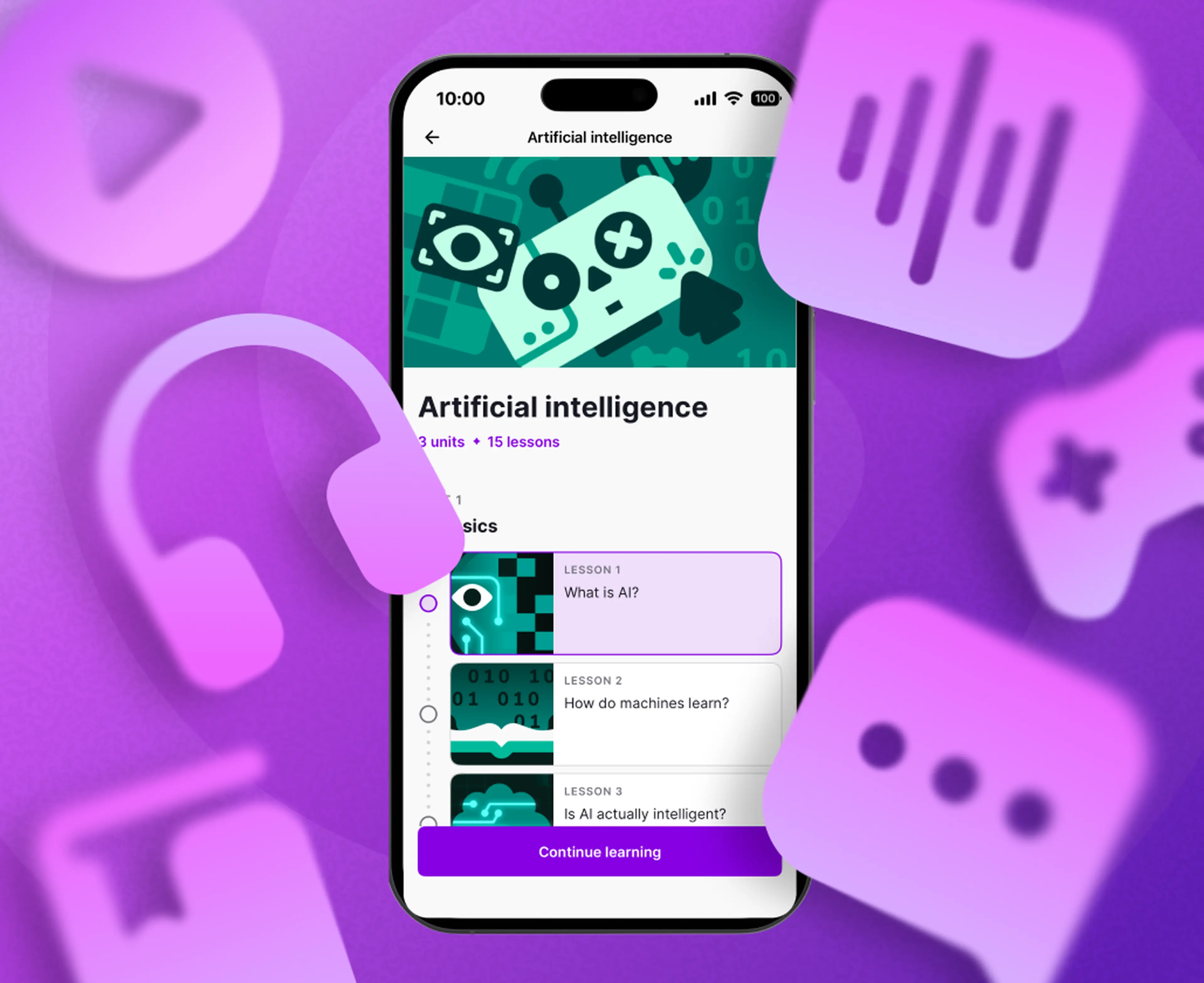 AI topic Nibble microlearning  app screen surrounded with icons representing