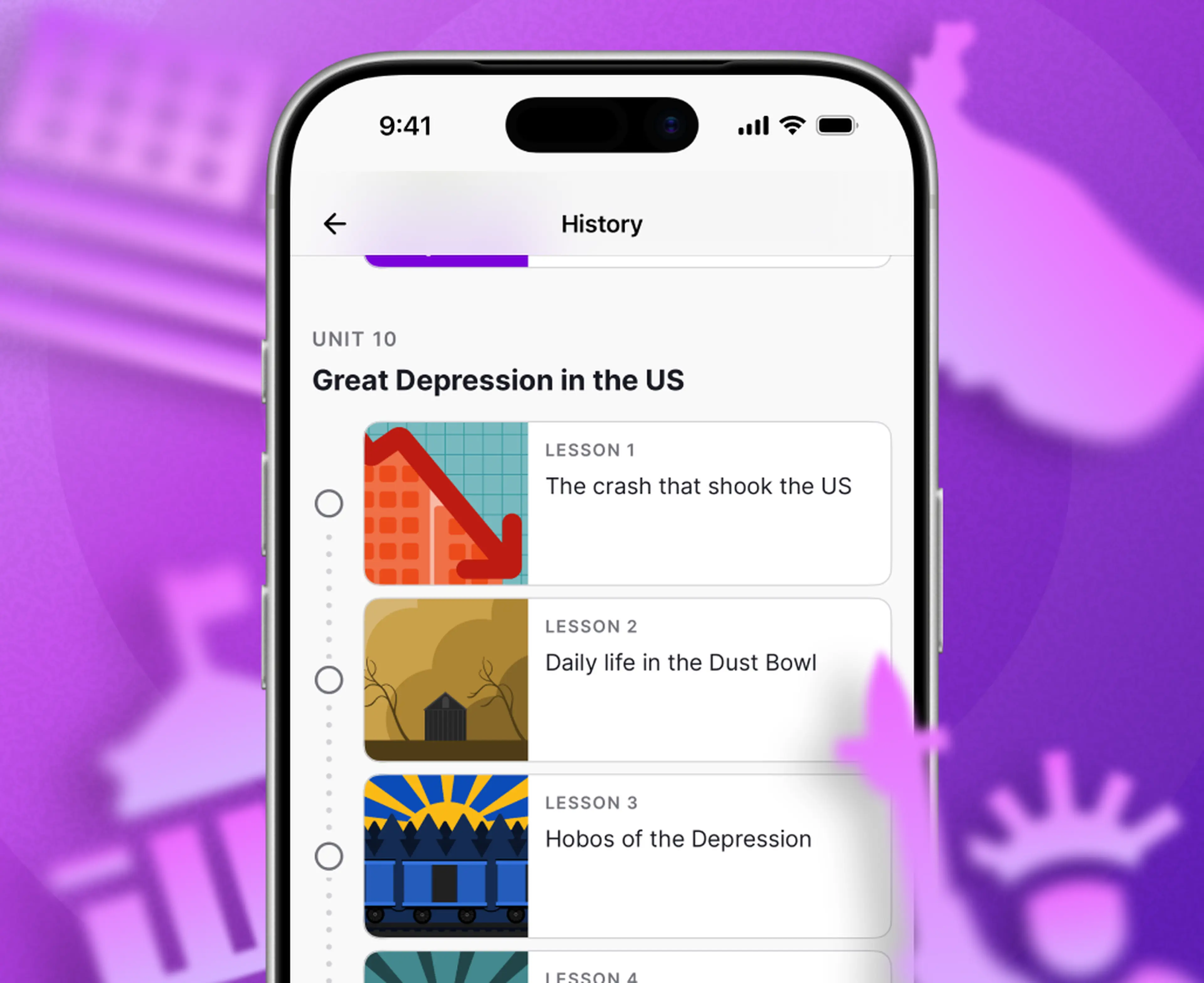 Smartphone showing a US history trivia lesson list for Unit 10 on the Great Depression, with illustrated lessons on the market crash, Dust Bowl life, and hobos, over a purple background