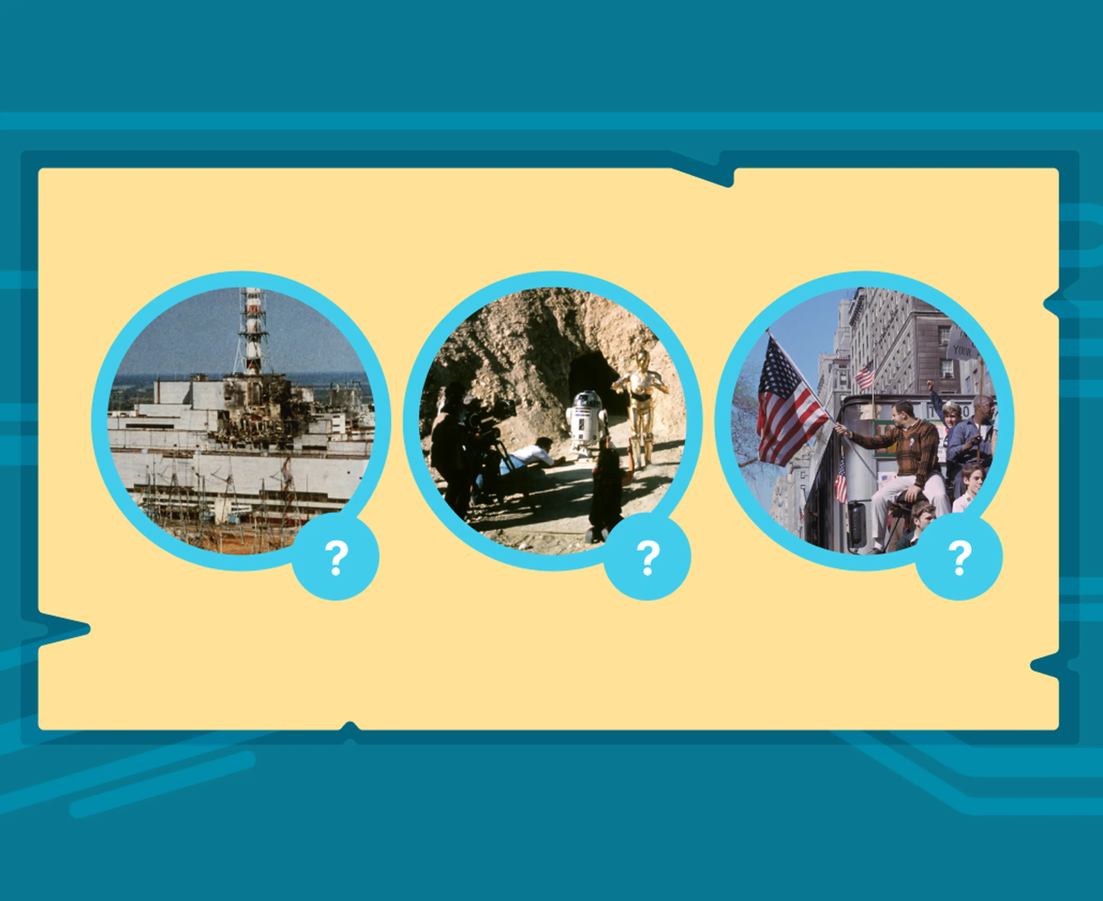 Three circular US history trivia photos on a yellow ticket showing the Chernobyl reactor, a Star Wars film set with robots, and people waving American flags from a bus in a city street