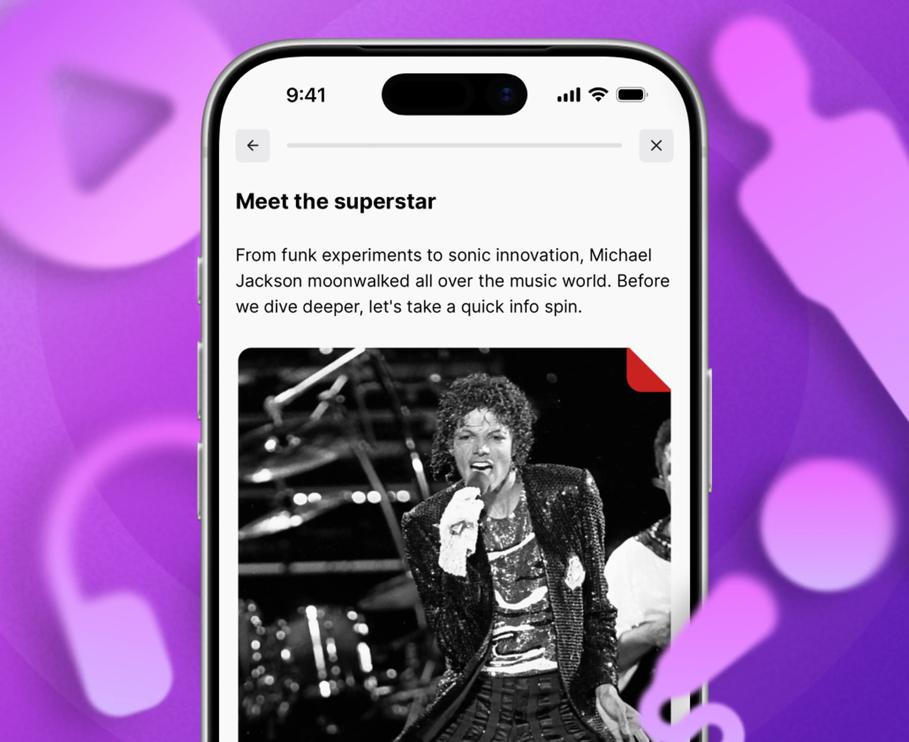 Smartphone showing a pop culture trivia article titled Meet the superstar with a black-and-white photo of Michael Jackson performing on stage, set against a purple background with music icons