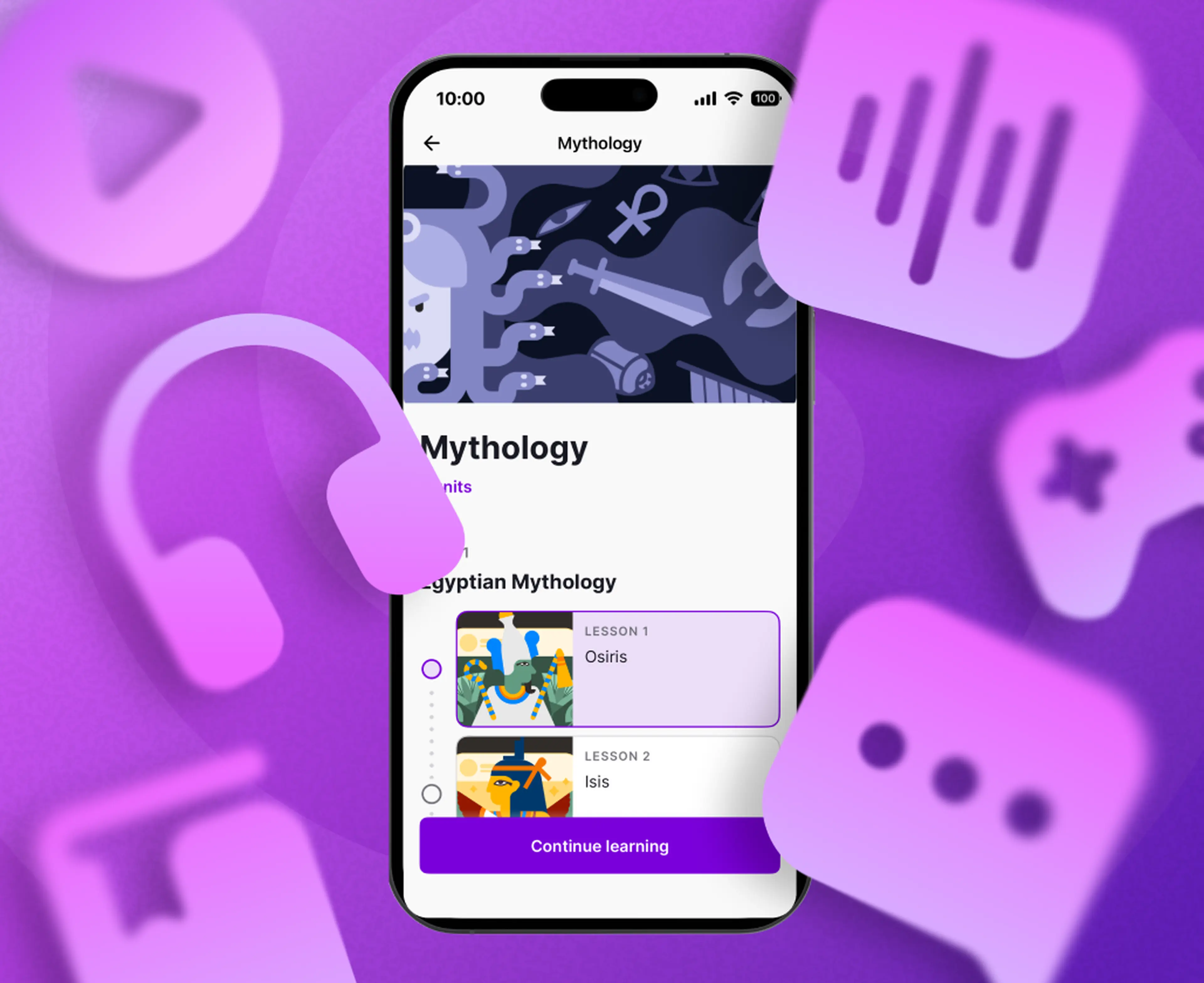 Mythology topic Nibble microlearning  app screen surrounded with icons representing