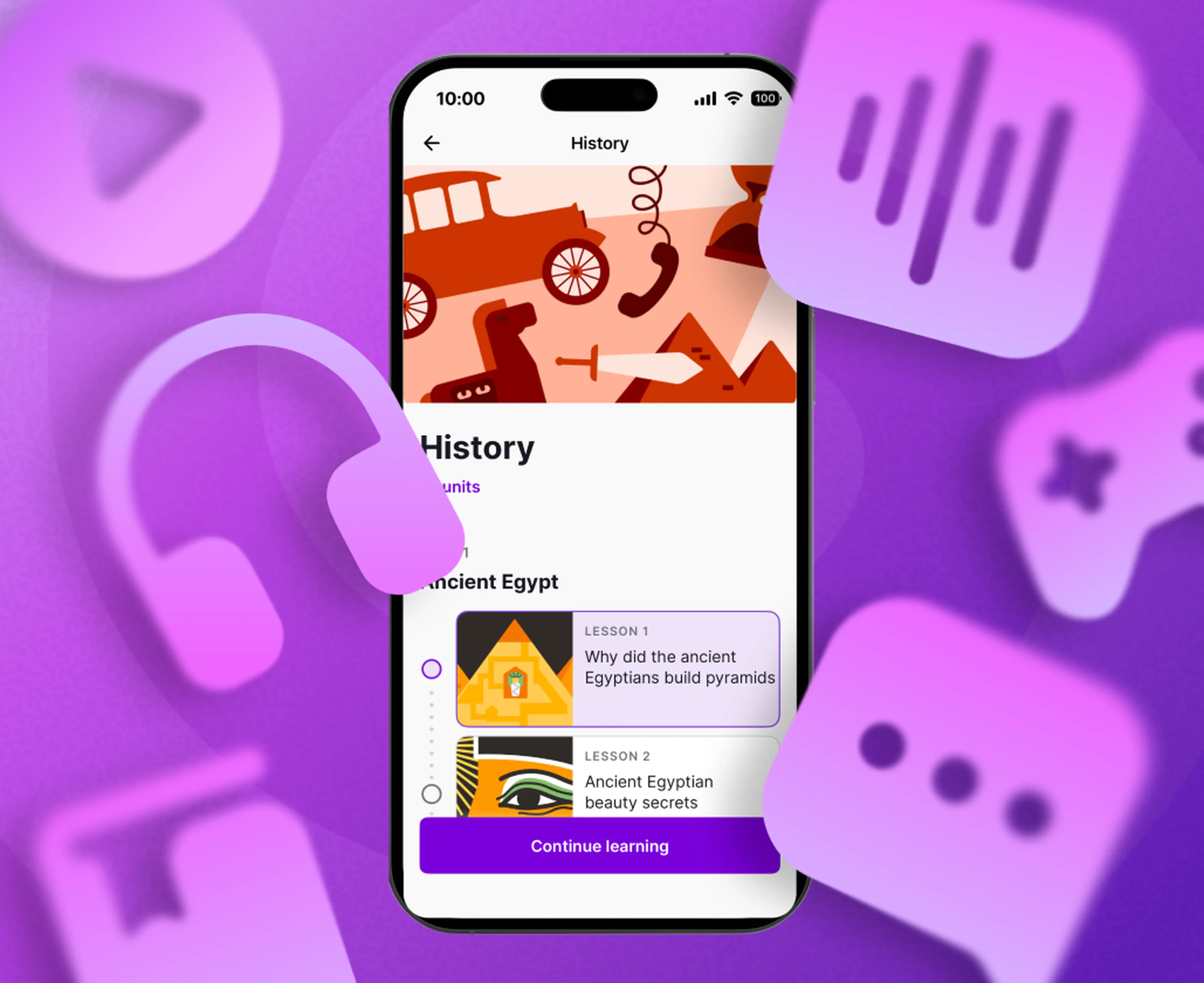 History topic Nibble microlearning  app screen surrounded with icons representing