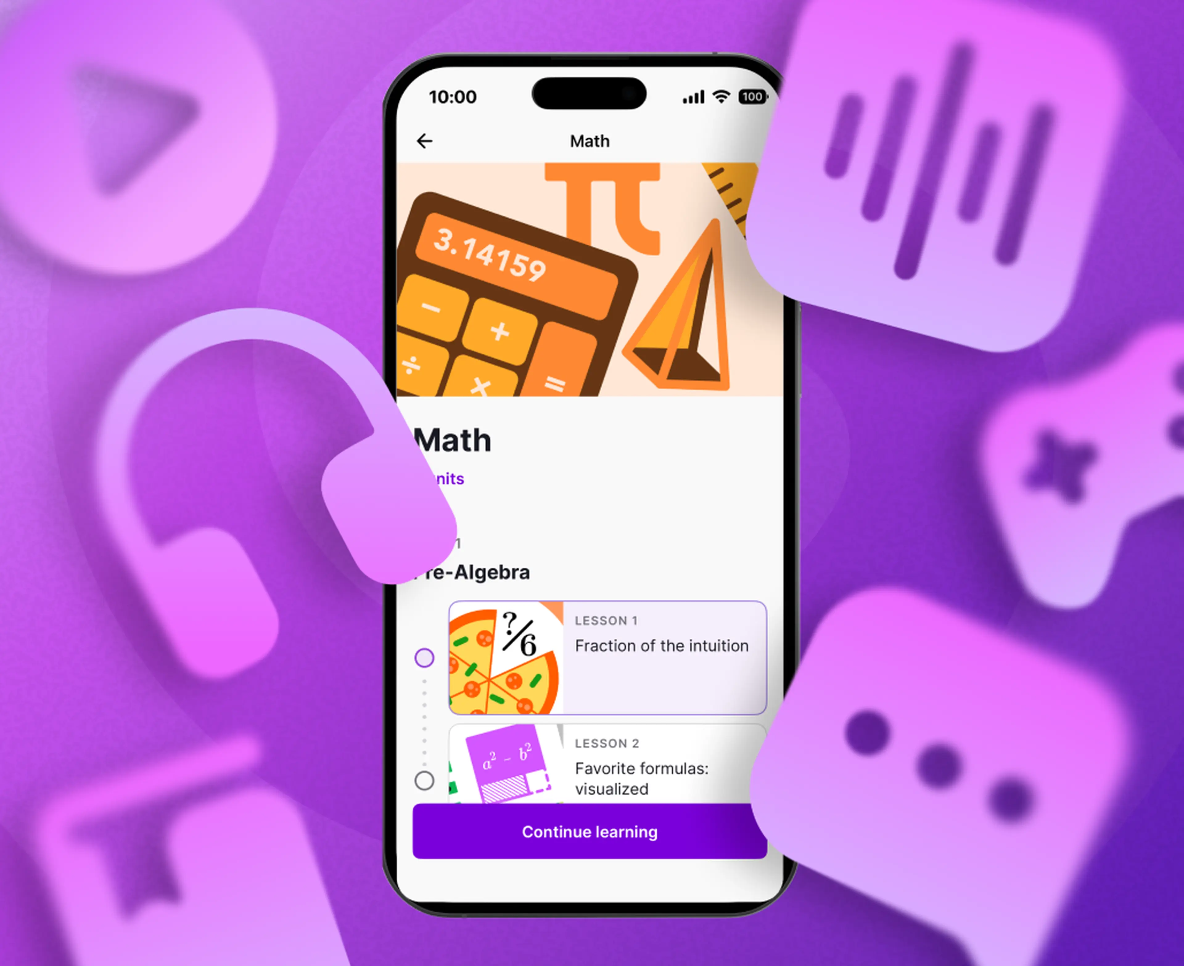 Math topic Nibble microlearning  app screen surrounded with icons representing