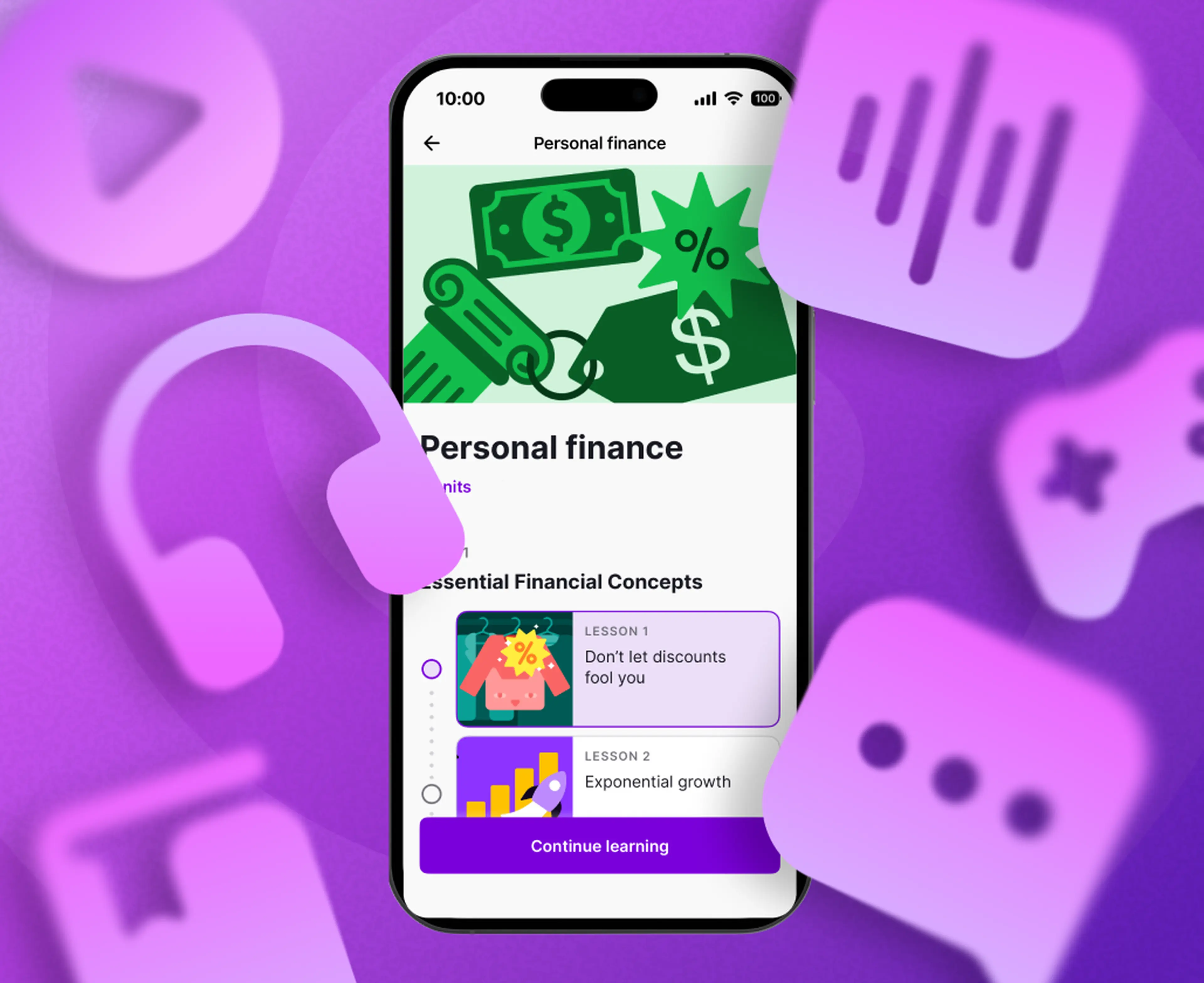 Personal Finance topic Nibble microlearning  app screen surrounded with icons representing