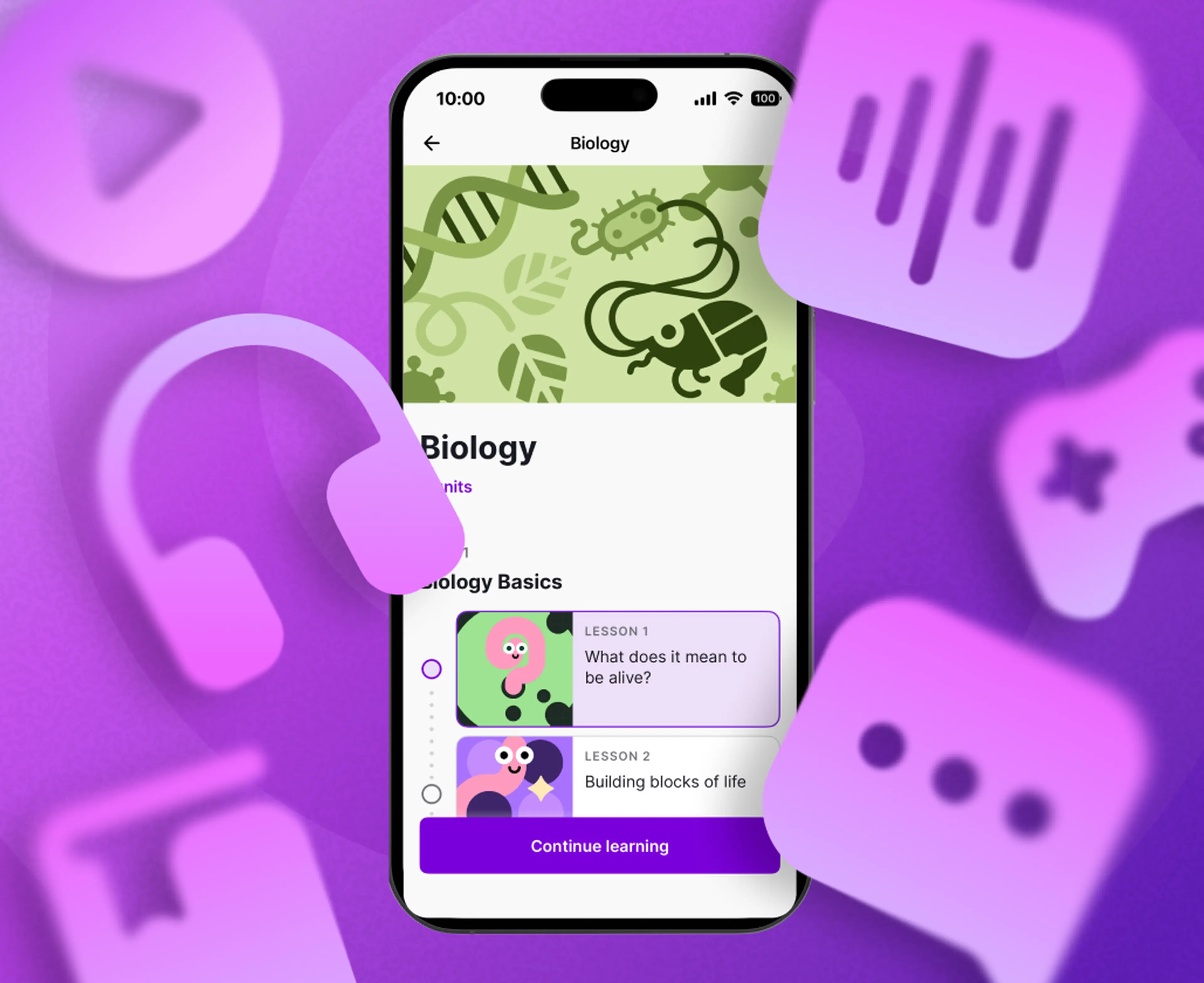 Biology topic Nibble microlearning  app screen surrounded with icons representing