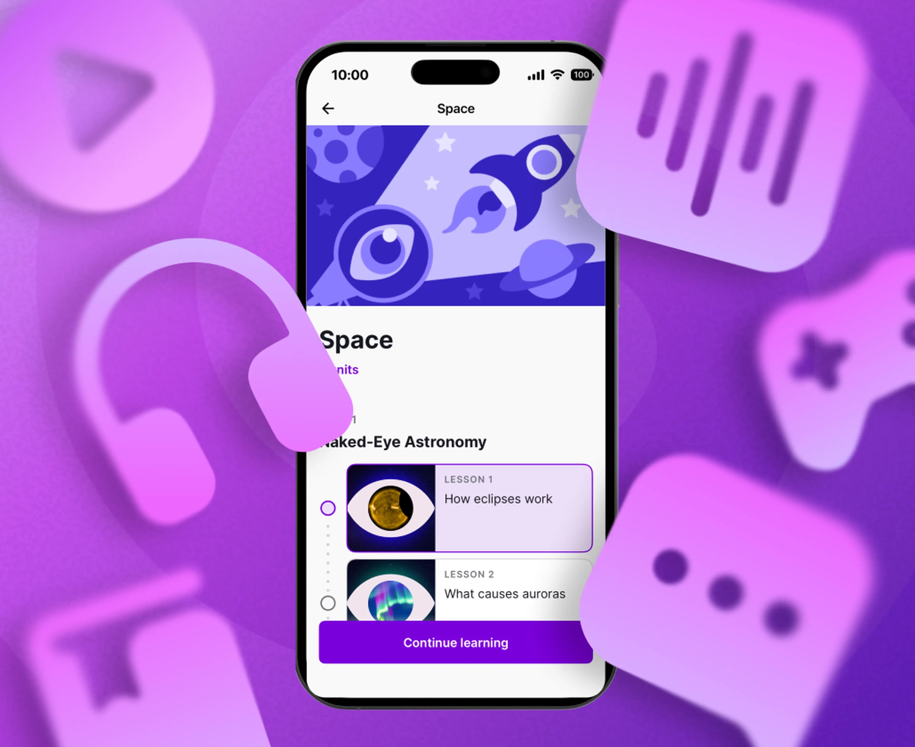 Space topic Nibble microlearning  app screen surrounded with icons representing