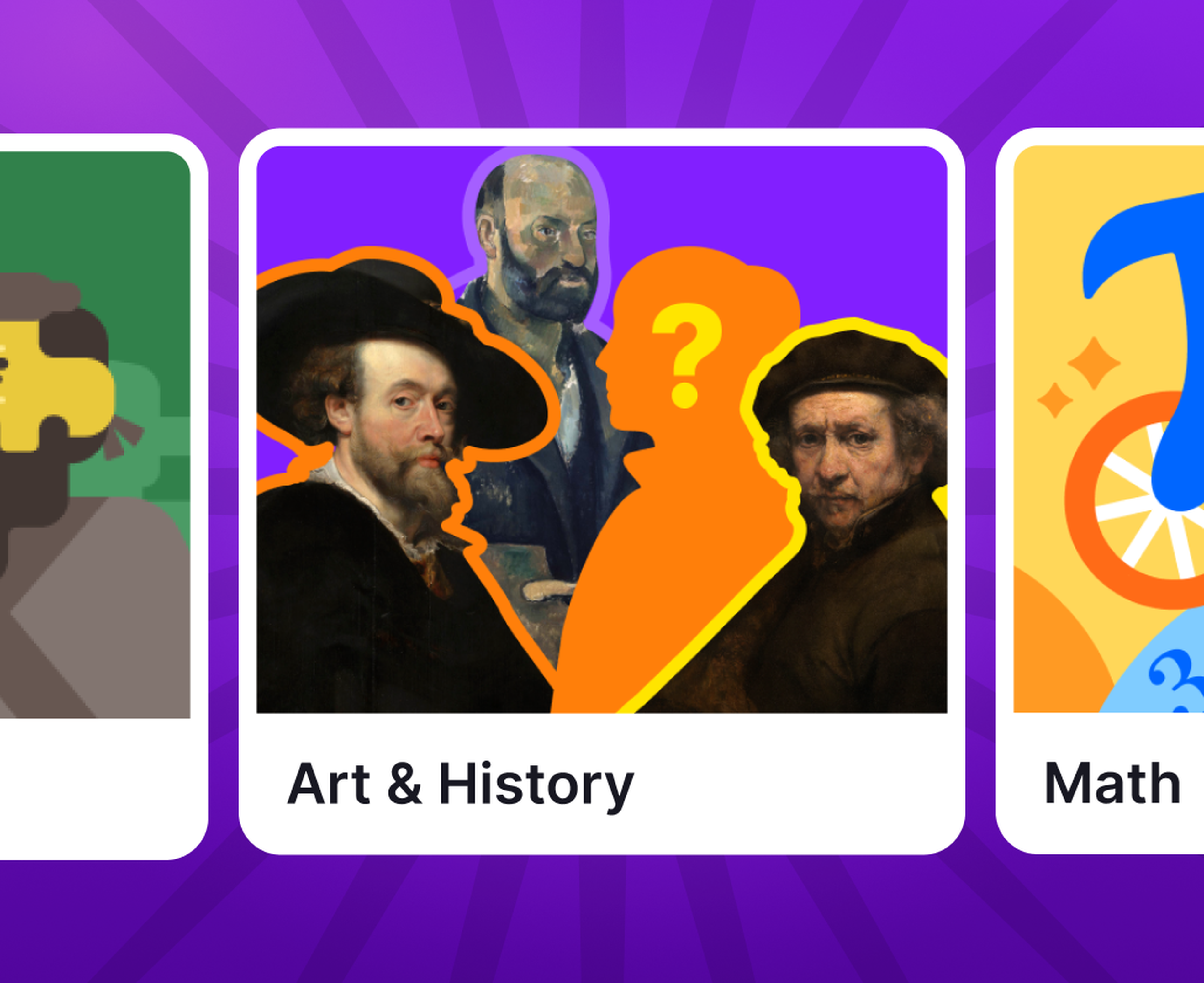 Art & Creativity course card in the Nibble app showing Vermeer's Girl with a Pearl Earring with a paintbrush and clock illustration, beside biology and literature cards on purple