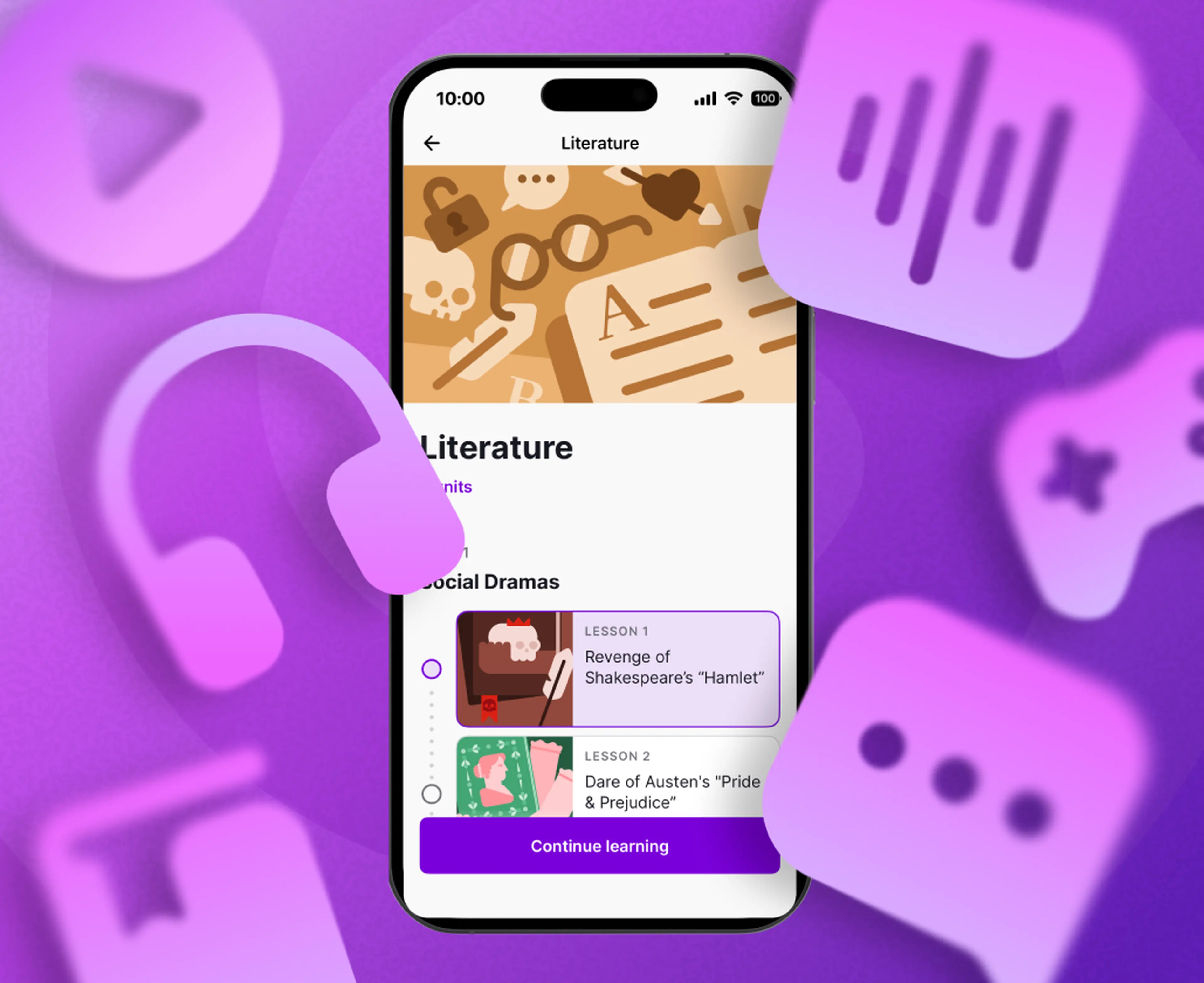 Literature topic Nibble microlearning  app screen surrounded with icons representing