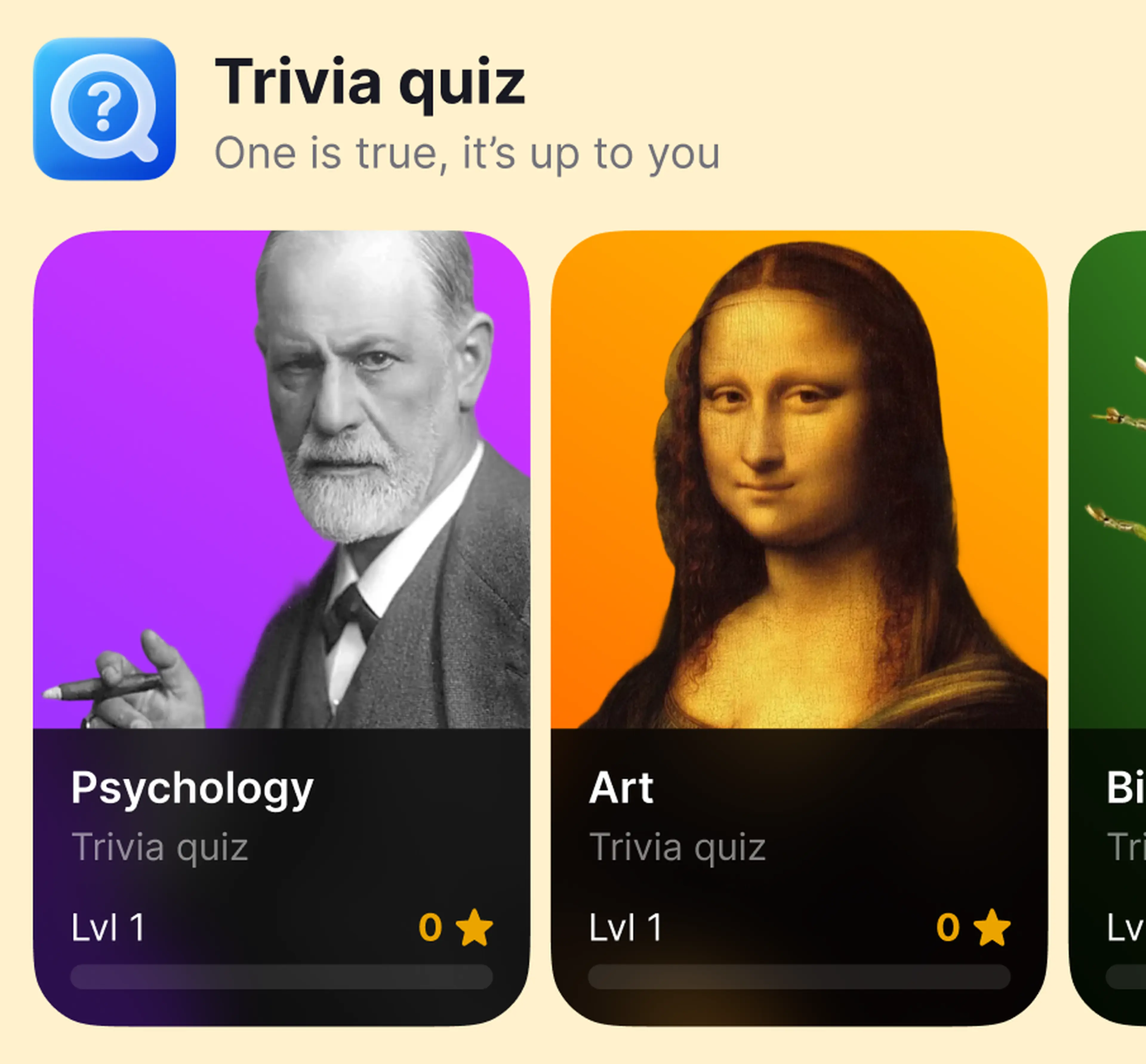 Trivia game in the nibble app showing Level 1 quiz category cards for Psychology with Sigmund Freud, Art with the Mona Lisa, and Biology with a grasshopper