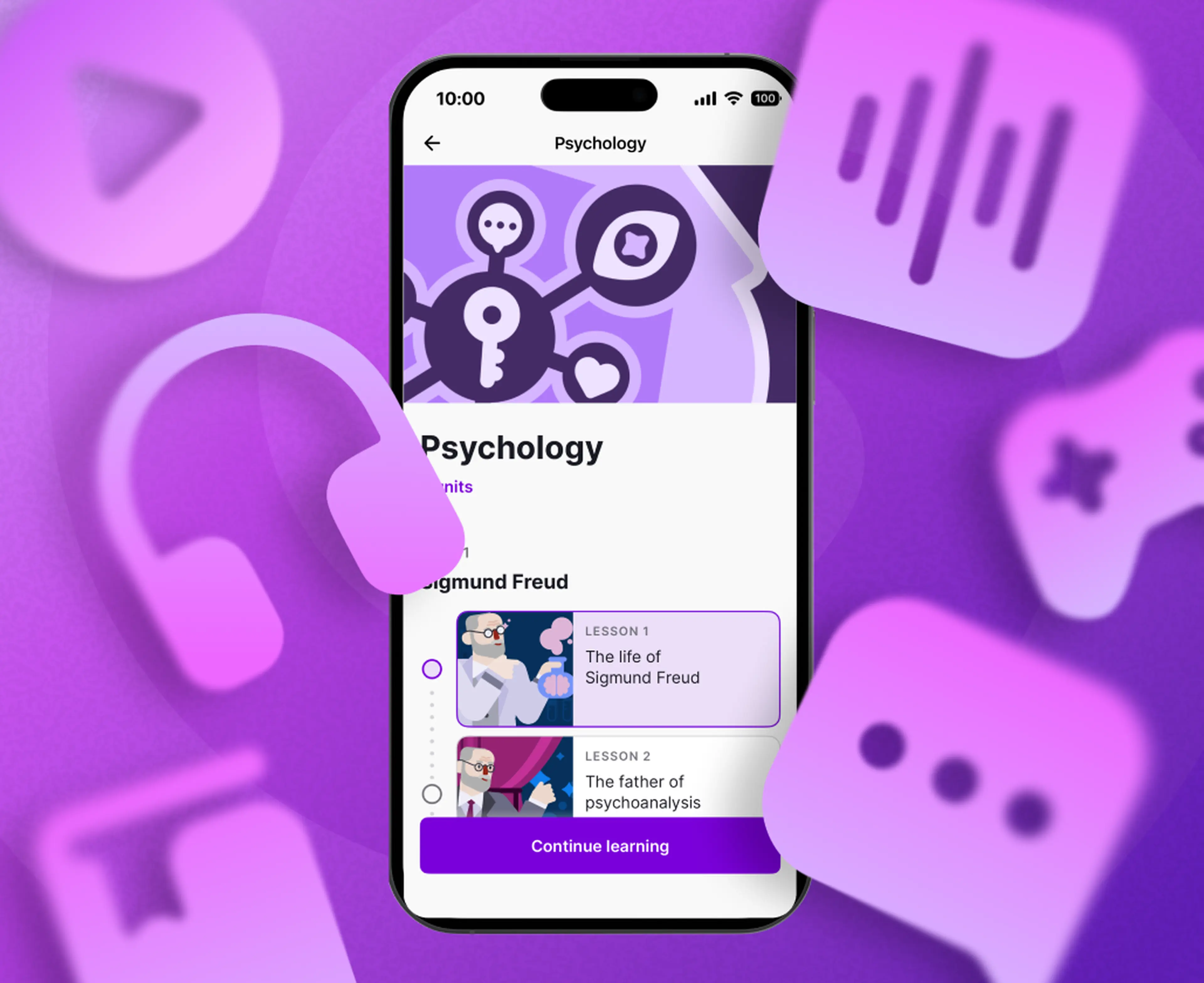 Psychology topic Nibble microlearning  app screen surrounded with icons representing