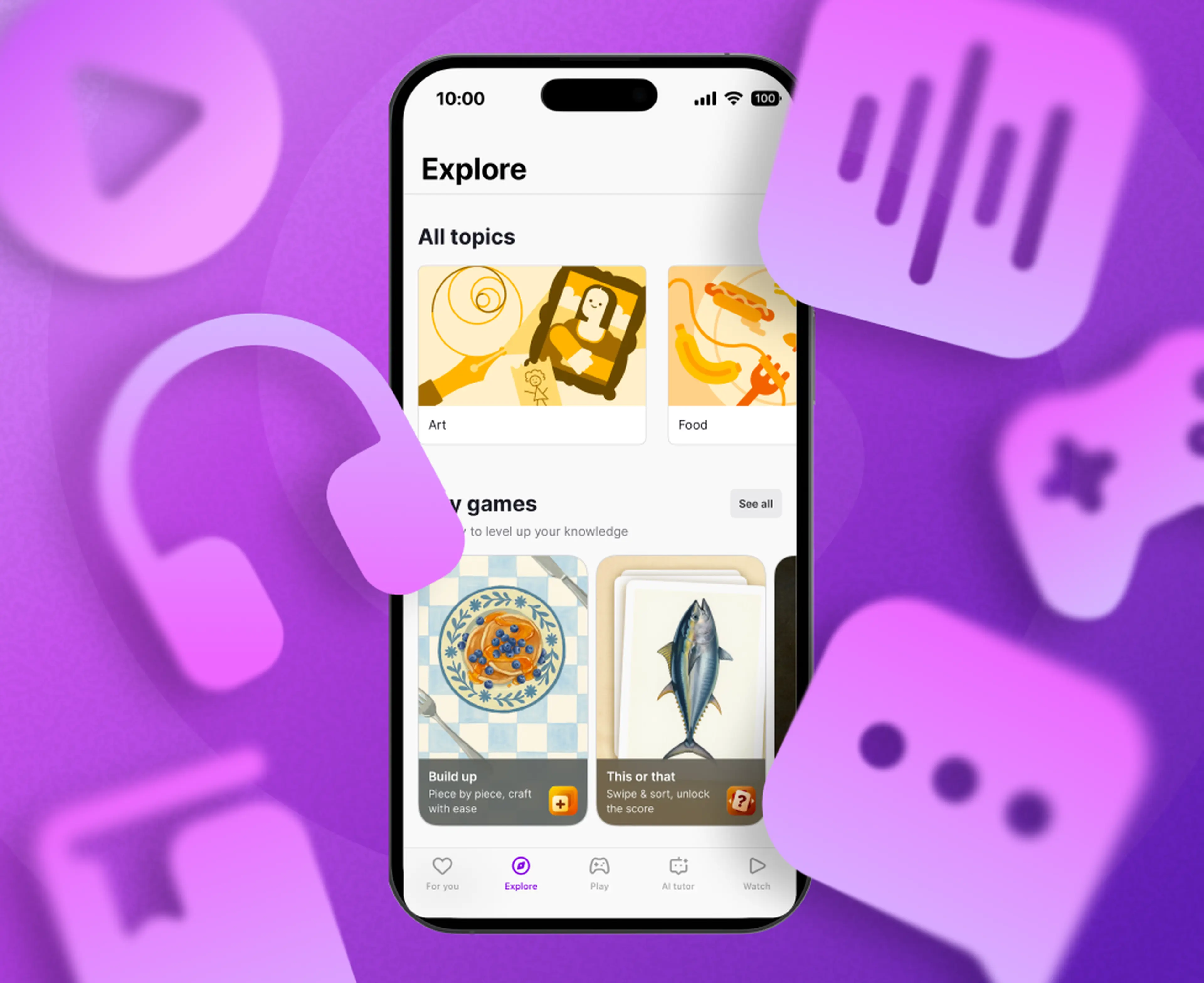 Nibble microlearning  app screen surrounded with icons representing