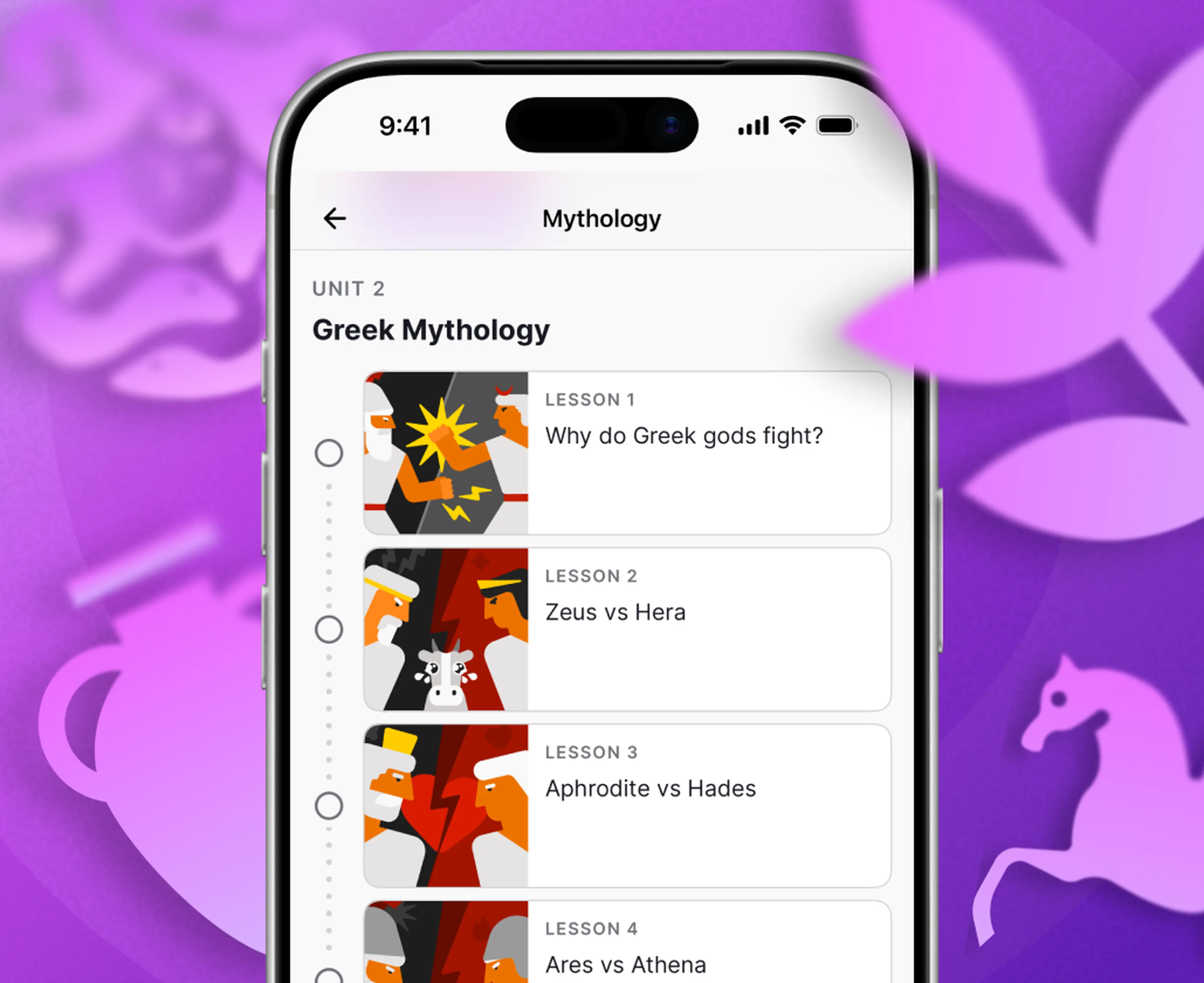 Smartphone displaying a Greek mythology trivia app with a Unit 2 lesson list featuring colorful illustrations of gods, set against a purple background with leaf and horse motifs