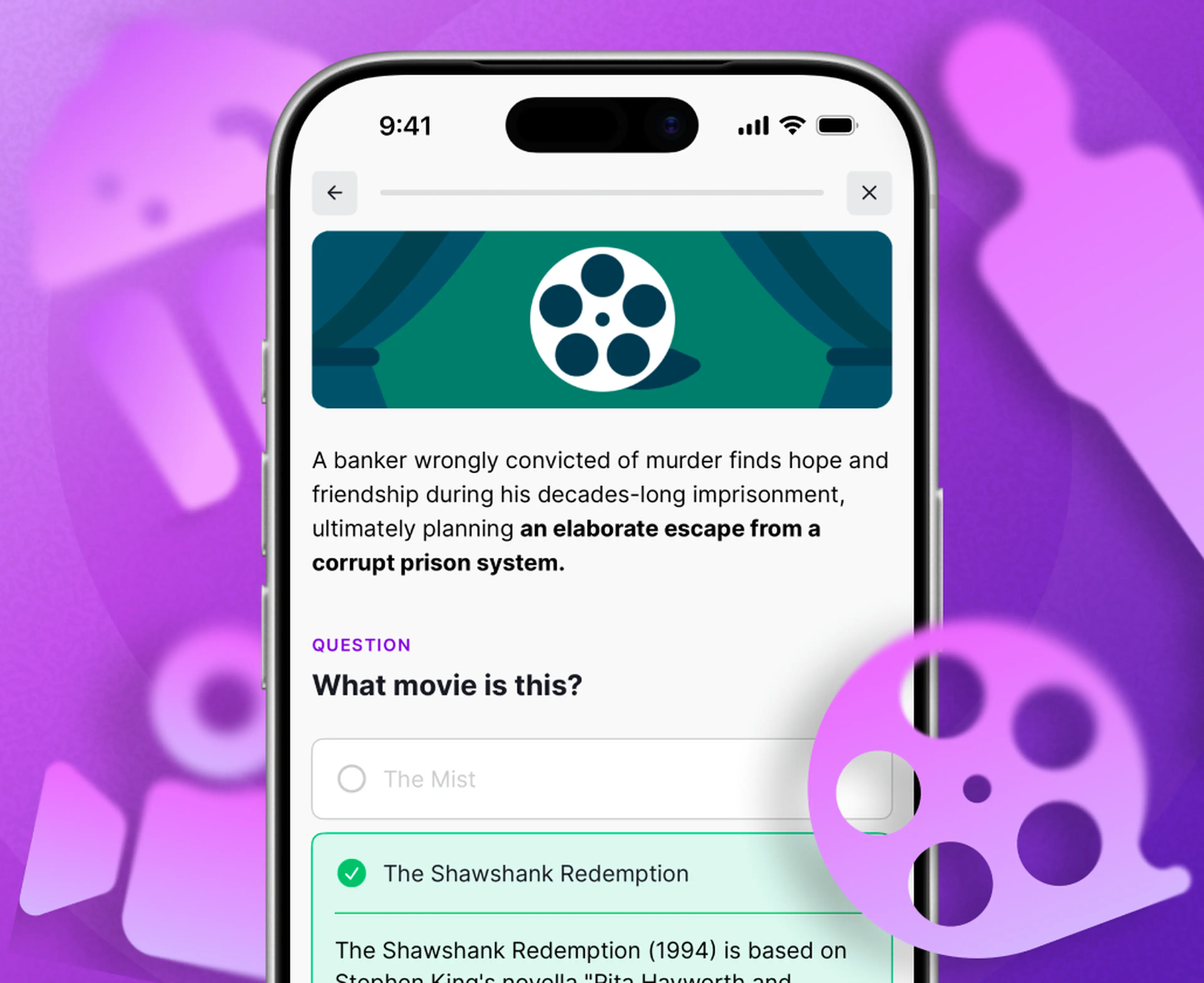 Smartphone showing a cinema trivia quiz with a movie reel icon, film plot description, and multiple-choice question where The Shawshank Redemption is the correct answer, on a purple background