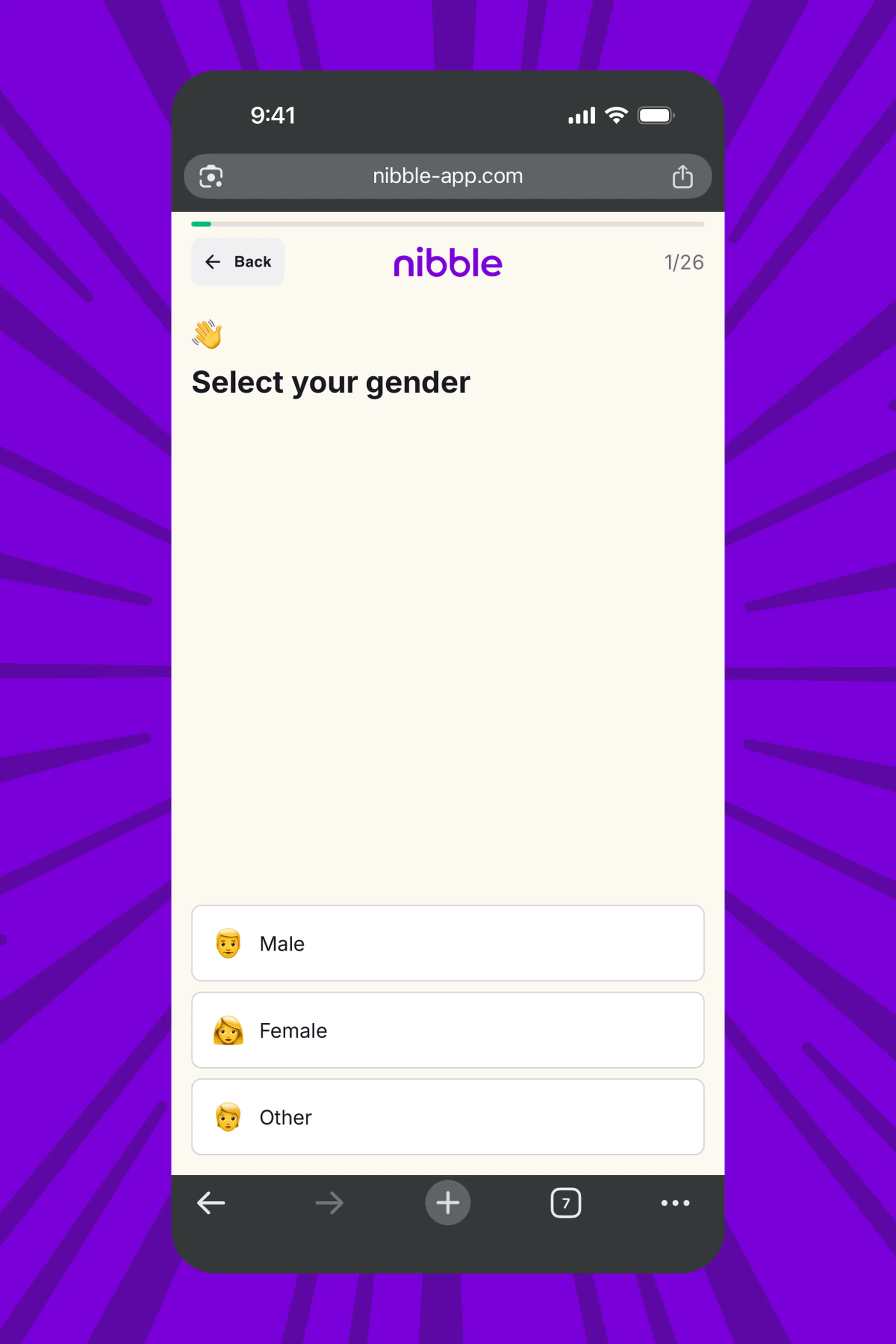 Smartphone showing how Nibble works with the gender selection step of the onboarding quiz offering Male, Female and Other options on a purple starburst background