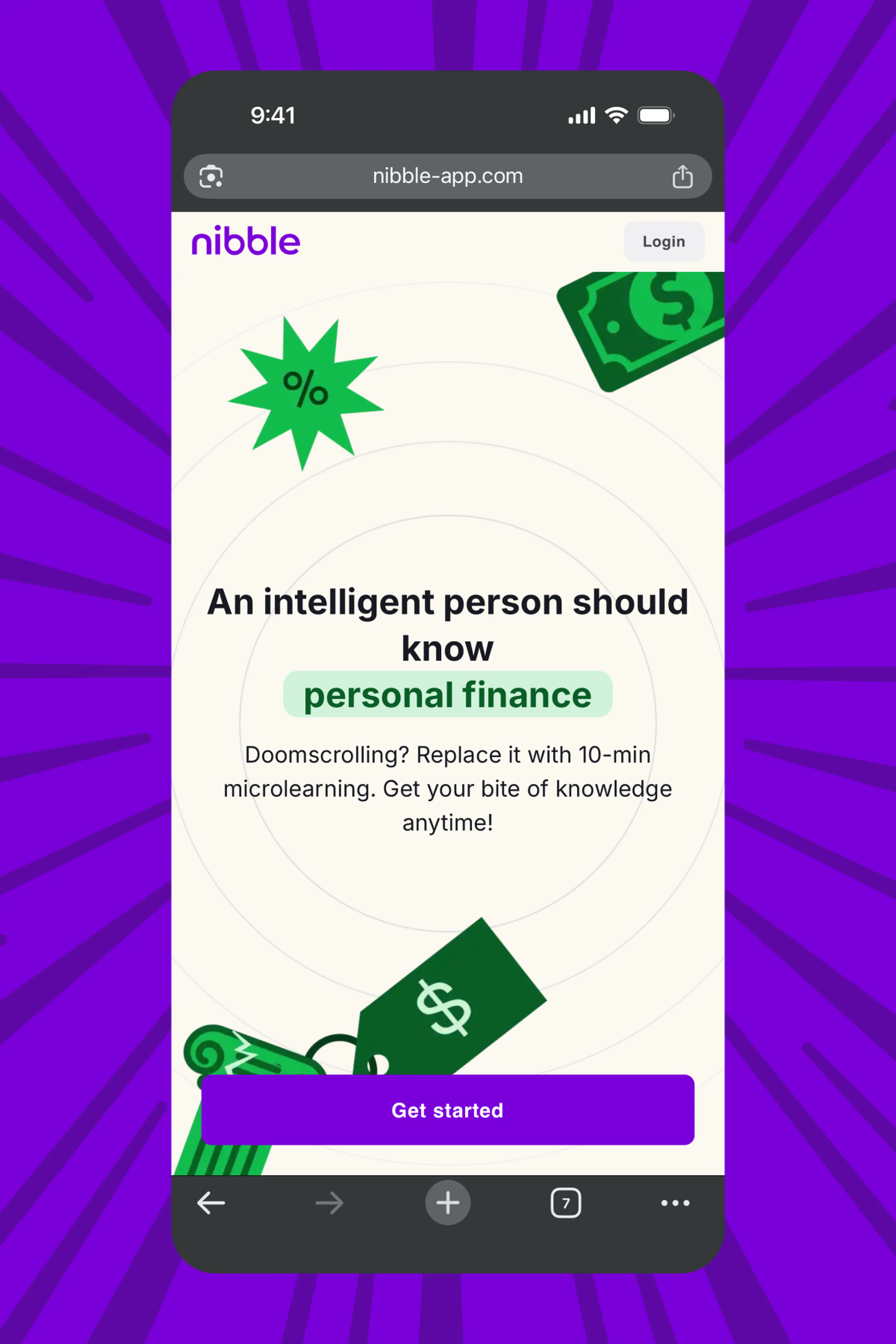 Smartphone showing the Nibble app landing page promoting personal finance microlearning, with green money and dollar tag icons, set on a purple burst background illustrating how Nibble works