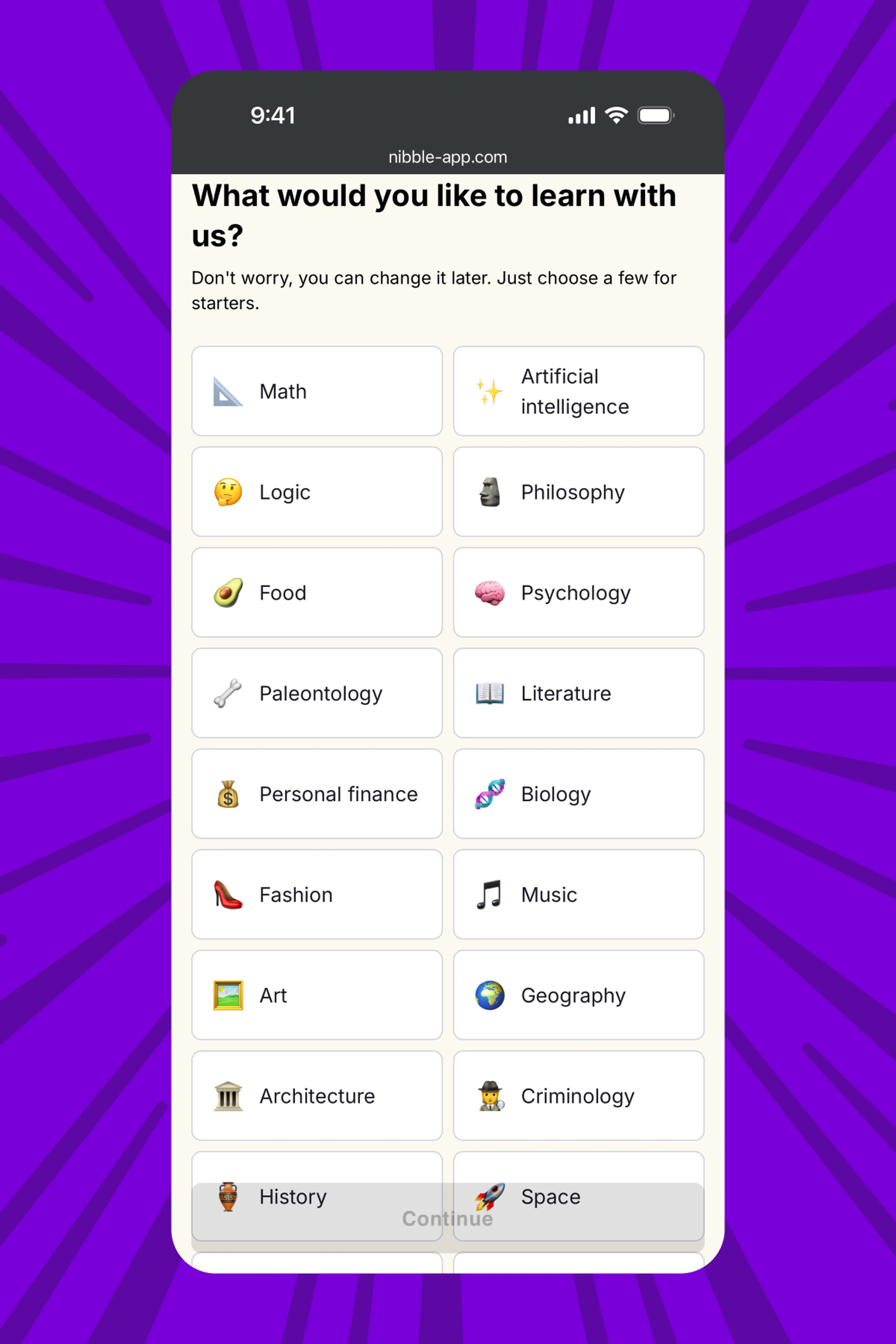 Nibble app onboarding screen showing how Nibble works with topic choices like Math, Philosophy, Psychology, and Space to pick learning interests, on a purple background