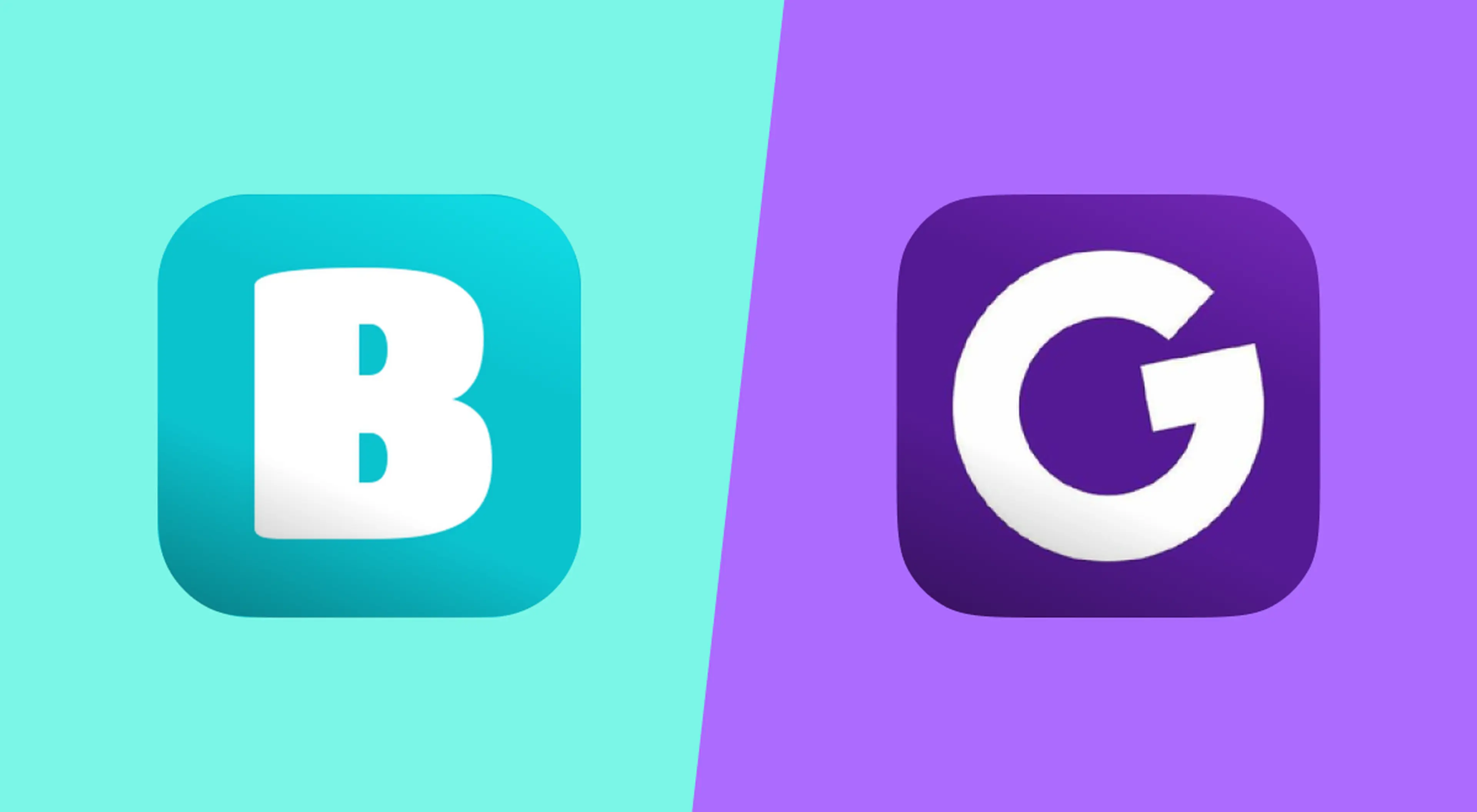 Blooket vs Gimkit review comparison showing the teal Blooket app icon on the left and the purple Gimkit app icon on the right against a split turquoise and lavender background