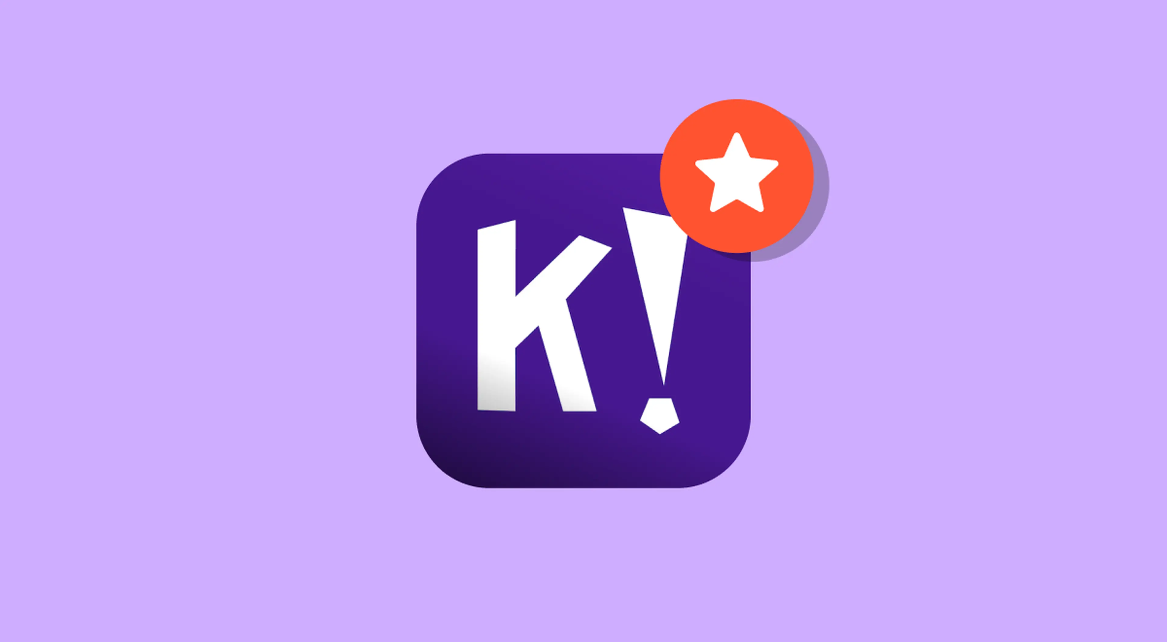 Purple Kahoot app icon with an orange star badge in the corner, set against a light lavender background, symbolizing a Kahoot review