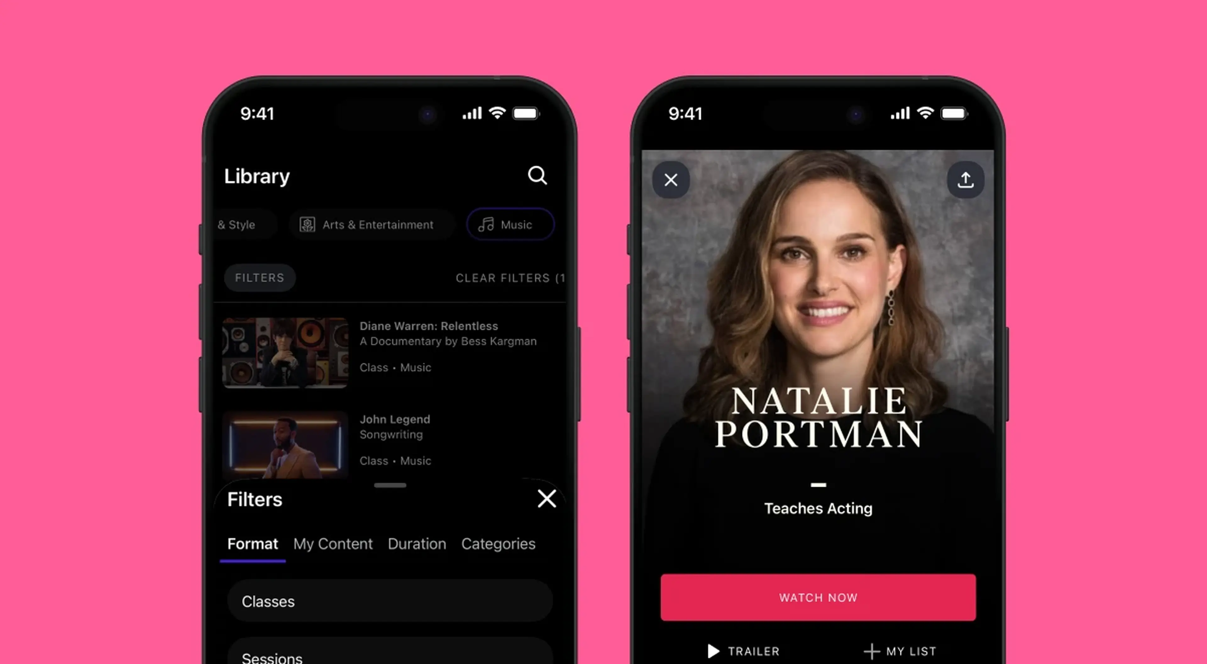 MasterClass app Library screen on iPhone with filters panel open next to Natalie Portman instructor profile page with Watch Now button