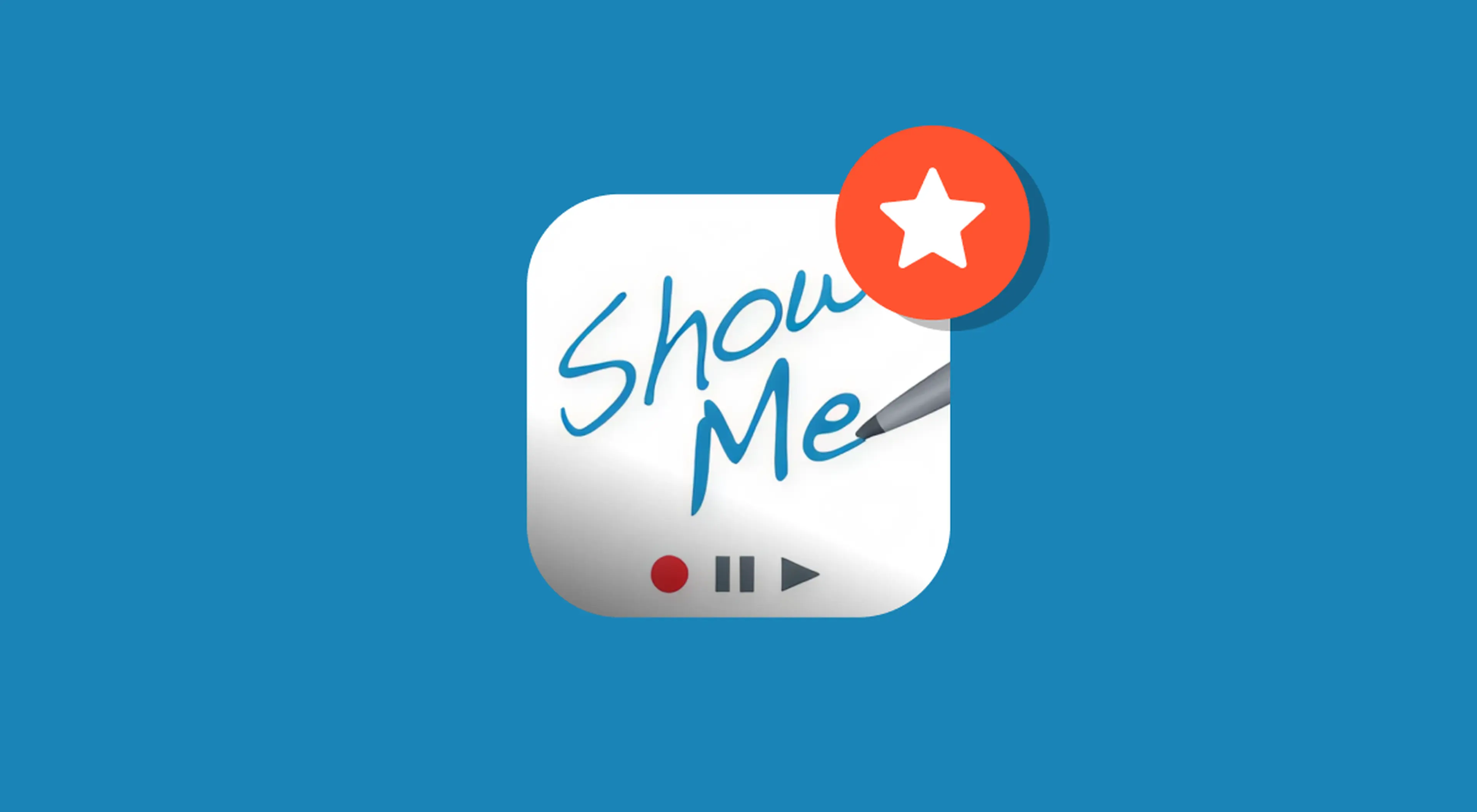 ShowMe app icon with handwritten blue text and recording controls, marked by a red star badge on a blue background for a ShowMe app review